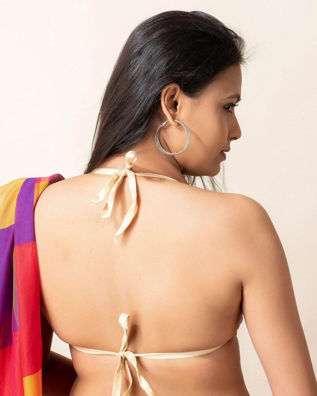 Designer Golden Brocade Fabric Flower Design Backless Halter Bikini Blouse, Non-Padded - Lookandadorn.com