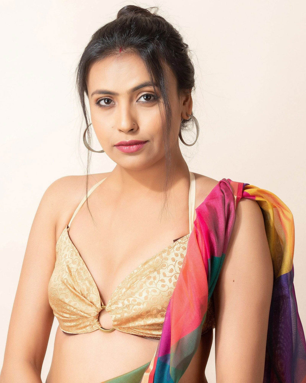 Designer Golden Brocade Fabric Flower Design Backless Halter Bikini Blouse, Non-Padded - Lookandadorn.com