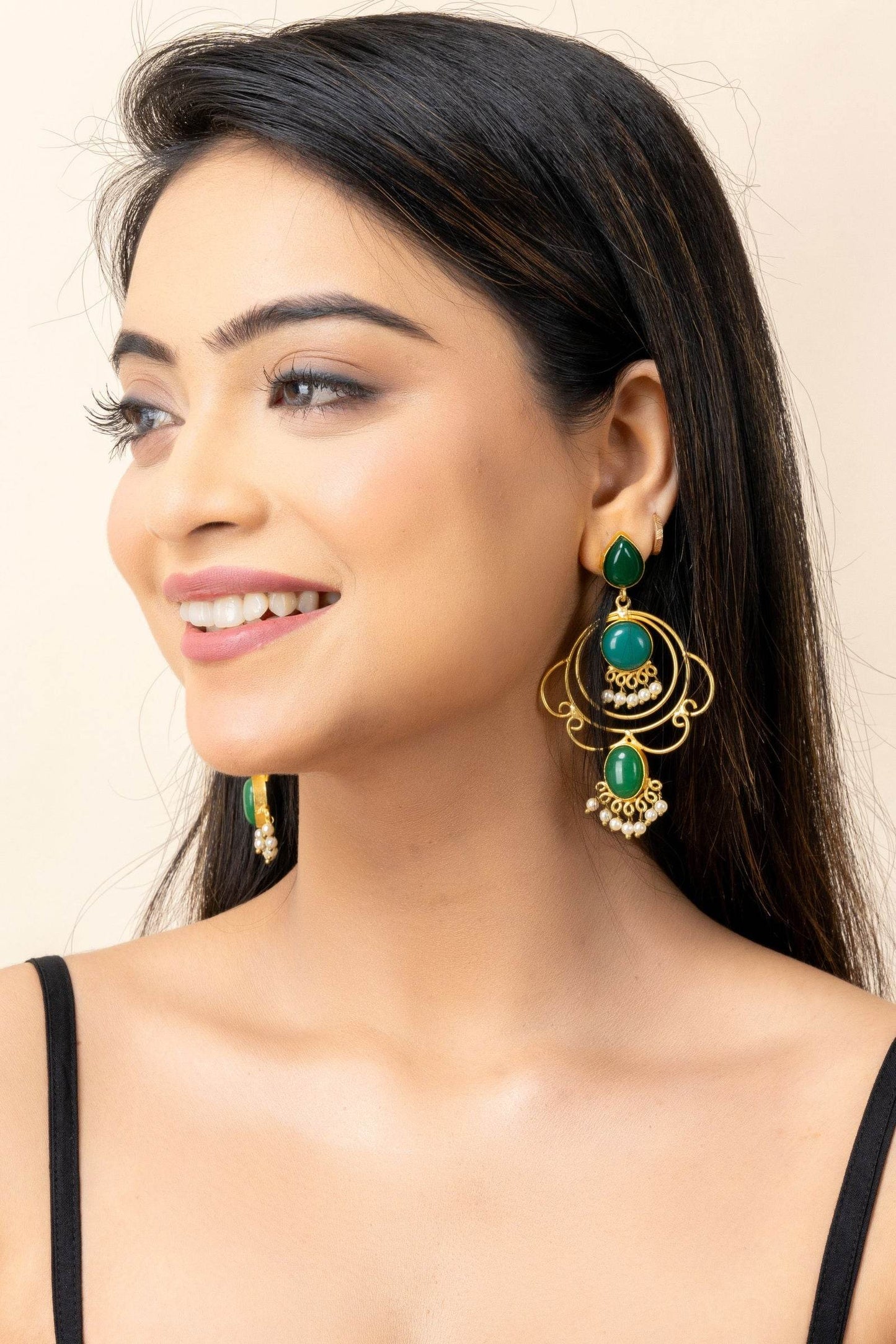 Golden Green Brass Stud Chandbali Earrings - Elegant Design for Versatile Fashion - Lookandadorn.com