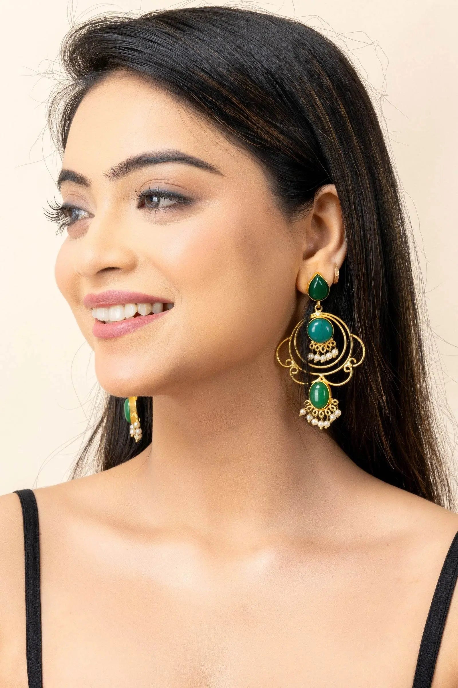 Golden Green Brass Stud Chandbali Earrings - Elegant Design for Versatile Fashion - Lookandadorn.com