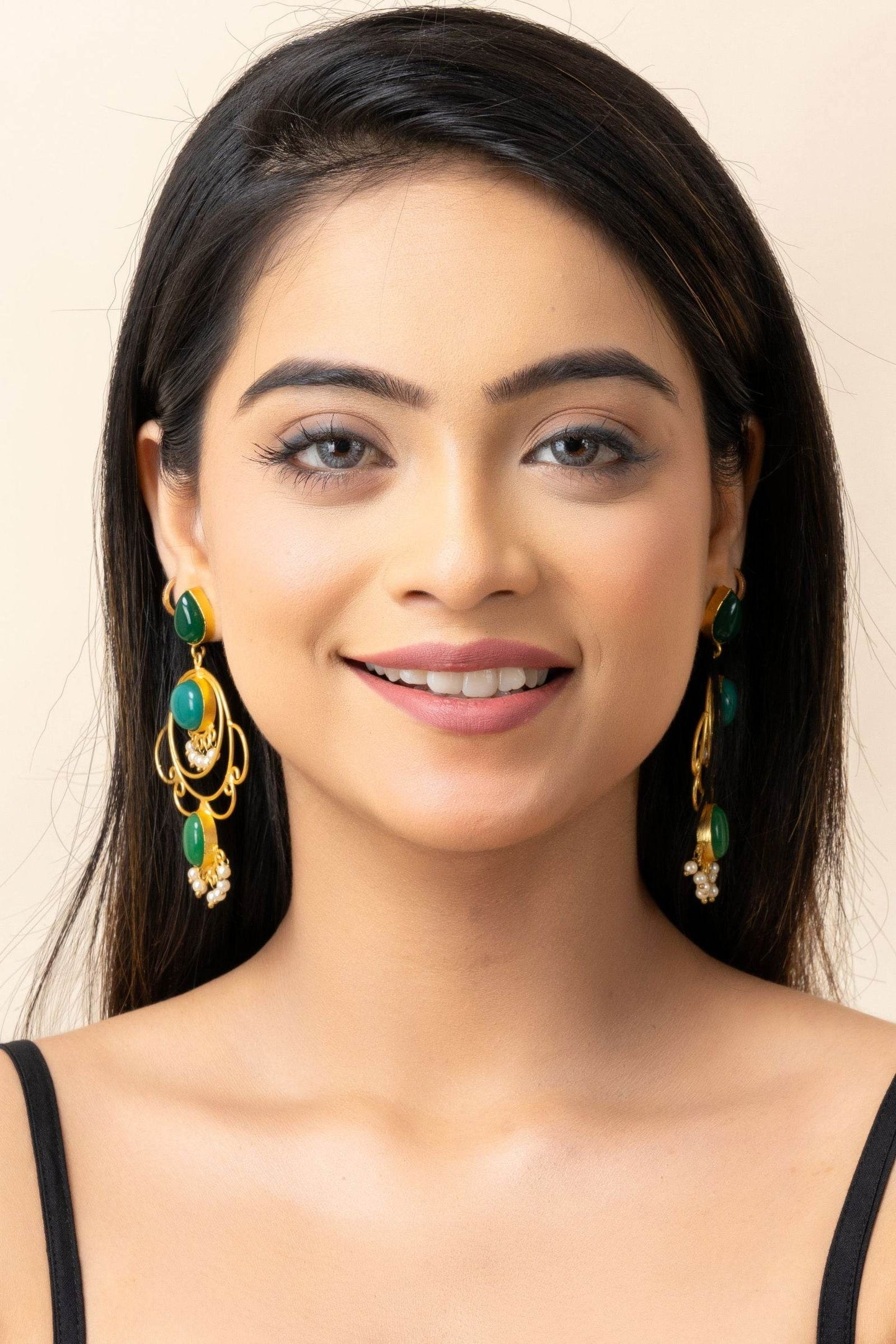 Golden Green Brass Stud Chandbali Earrings - Elegant Design for Versatile Fashion - Lookandadorn.com