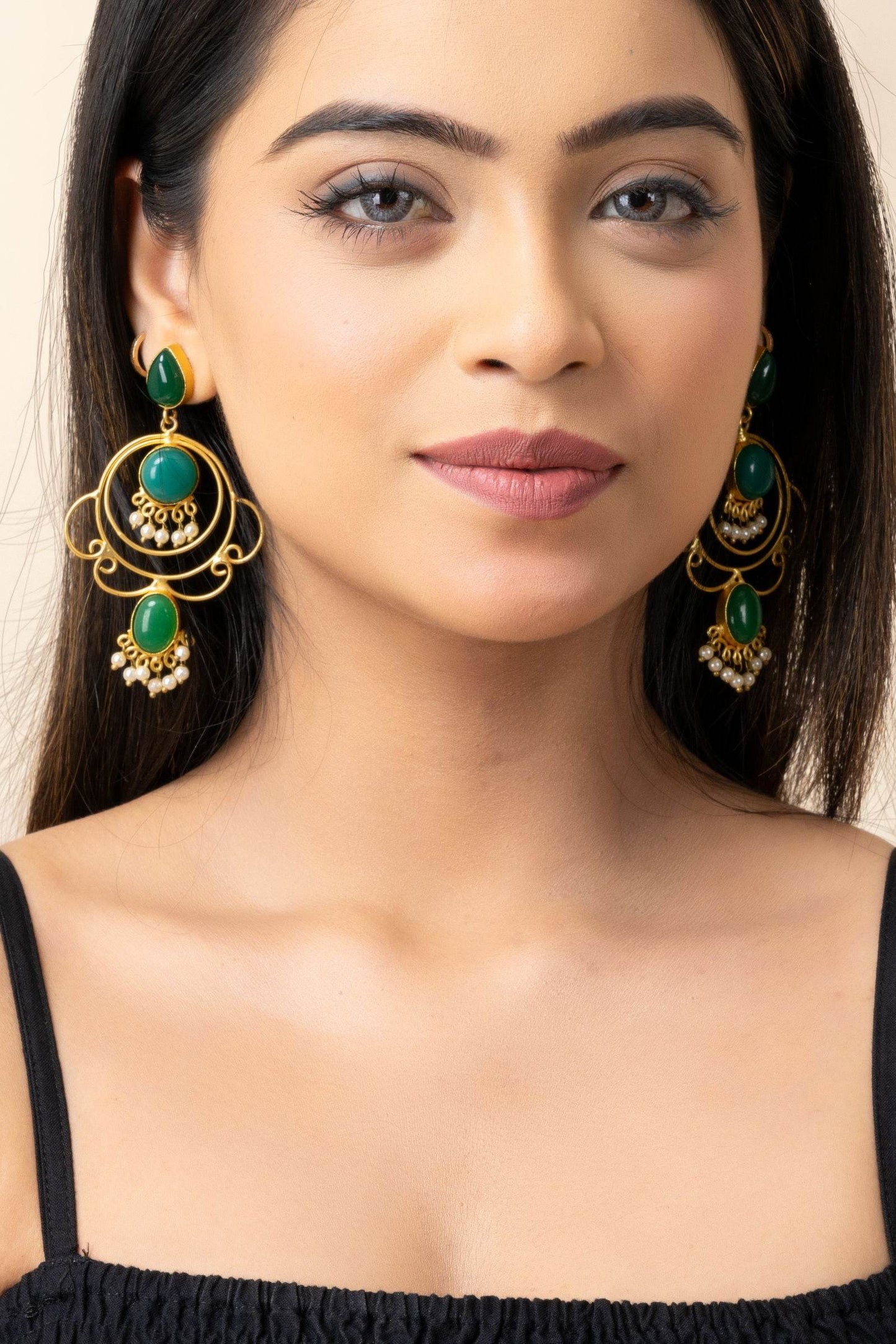 Golden Green Brass Stud Chandbali Earrings - Elegant Design for Versatile Fashion - Lookandadorn.com