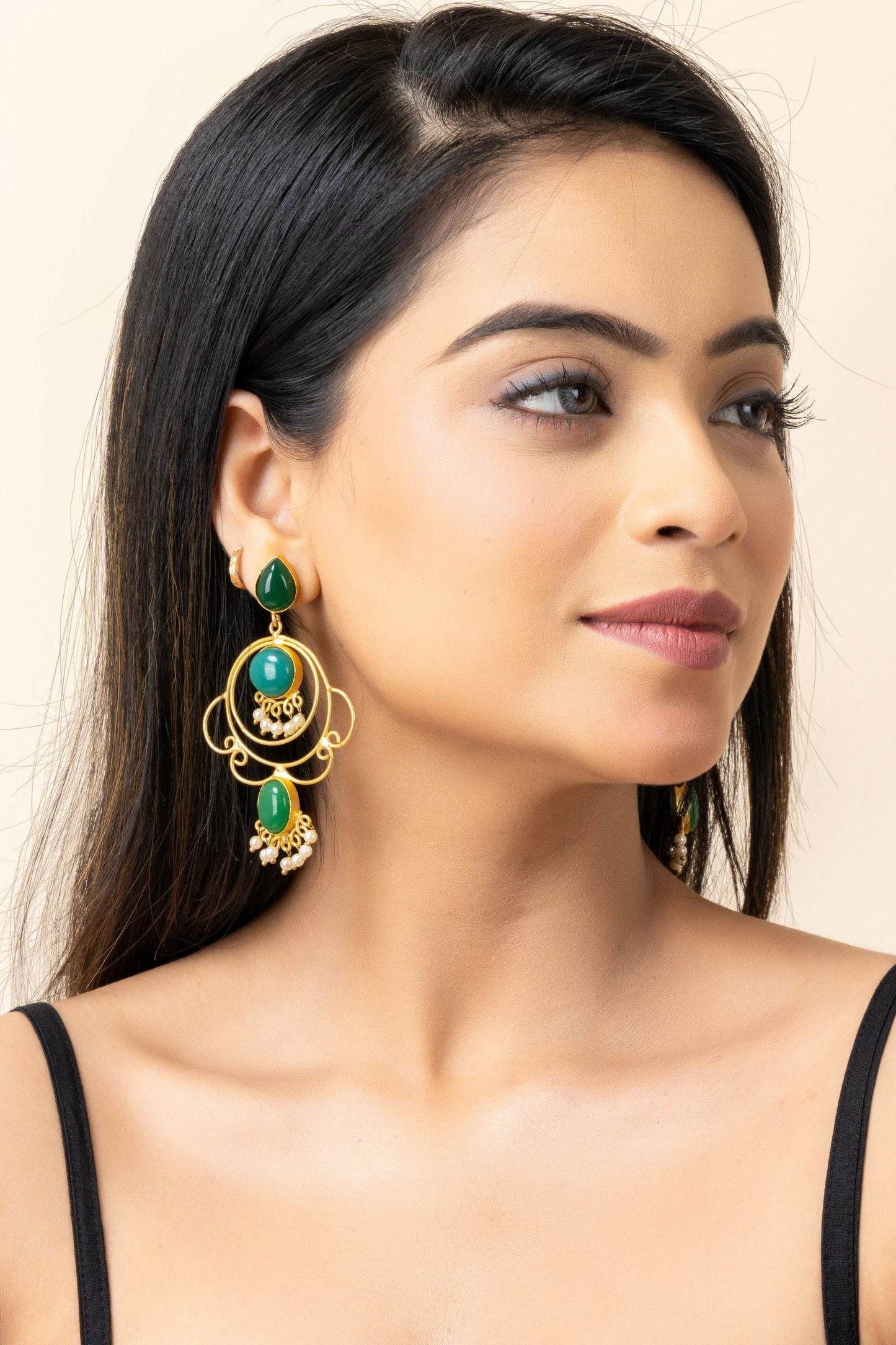 Golden Green Brass Stud Chandbali Earrings - Elegant Design for Versatile Fashion - Lookandadorn.com