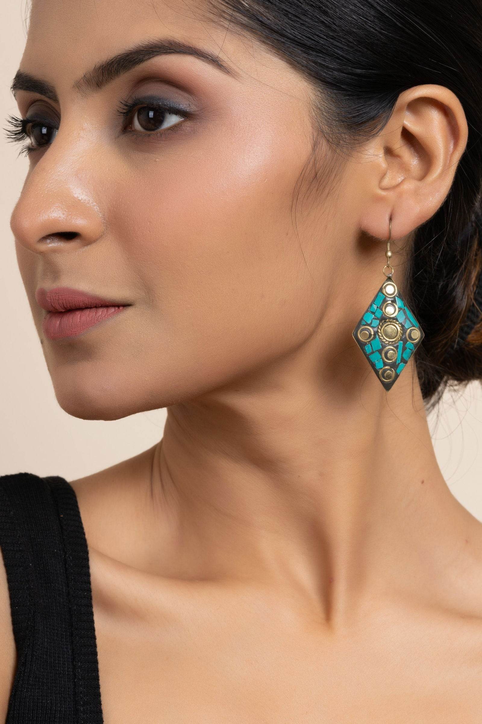 Golden Turquoise Black Tibetan Earrings