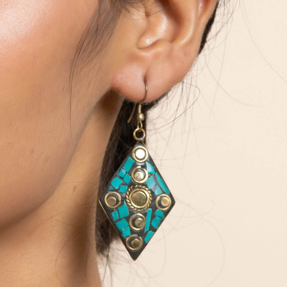 Golden Turquoise Black Tibetan Earrings - Luxe Intricate Design Statement Jewelry - Lookandadorn.com