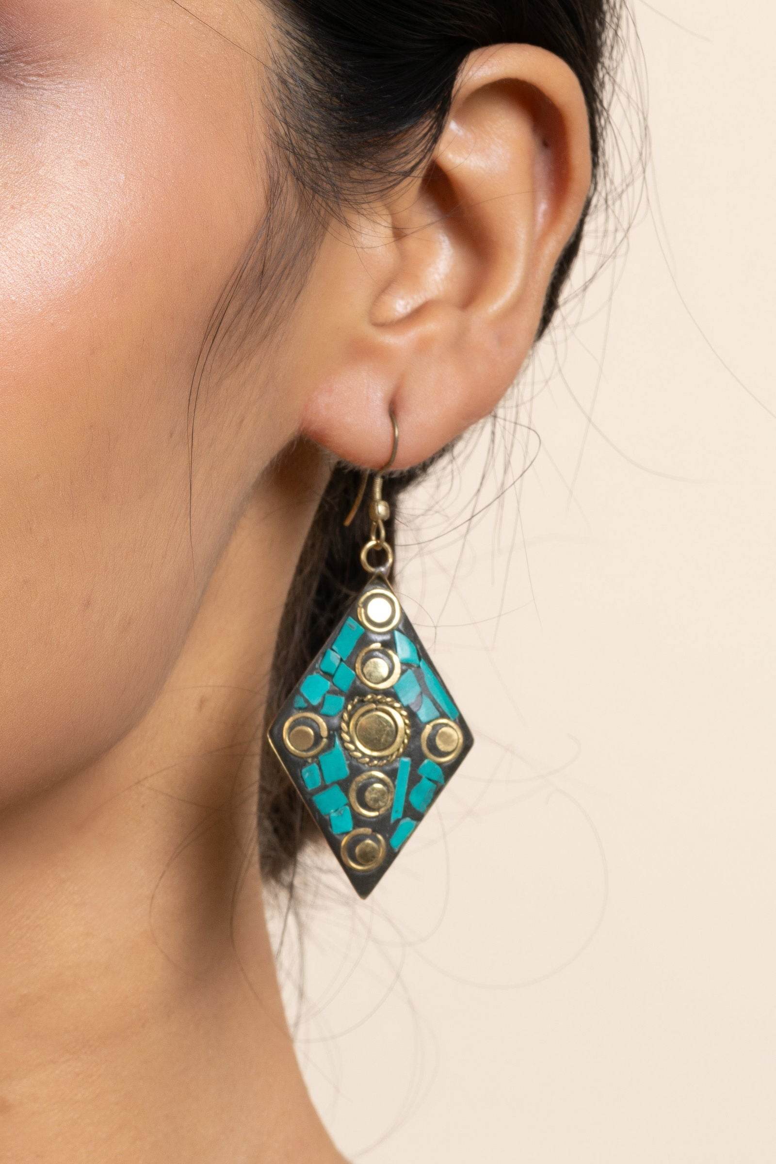 Golden Turquoise Black Tibetan Earrings - Luxe Intricate Design Statement Jewelry - Lookandadorn.com