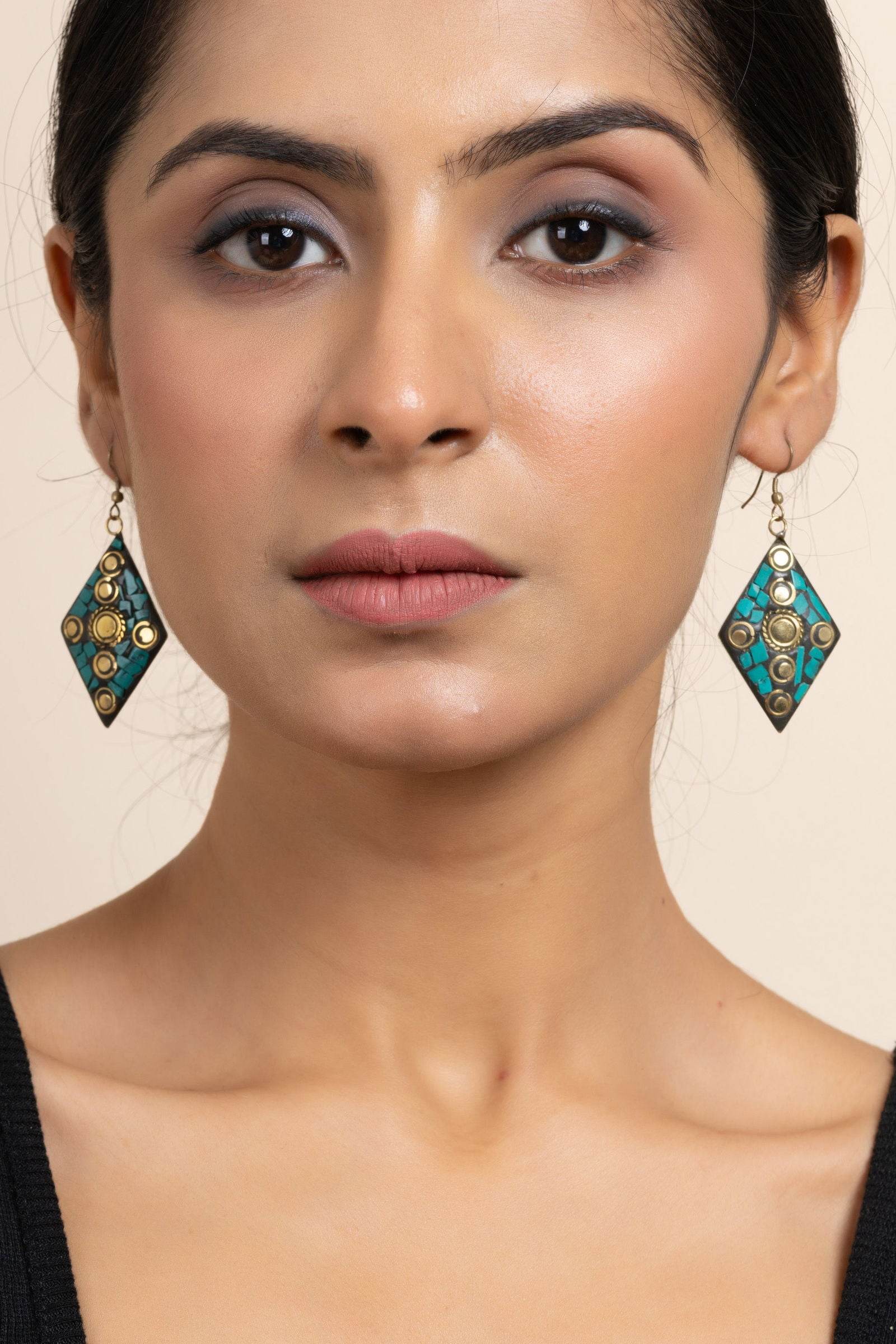 Golden Turquoise Black Tibetan Earrings - Luxe Intricate Design Statement Jewelry - Lookandadorn.com