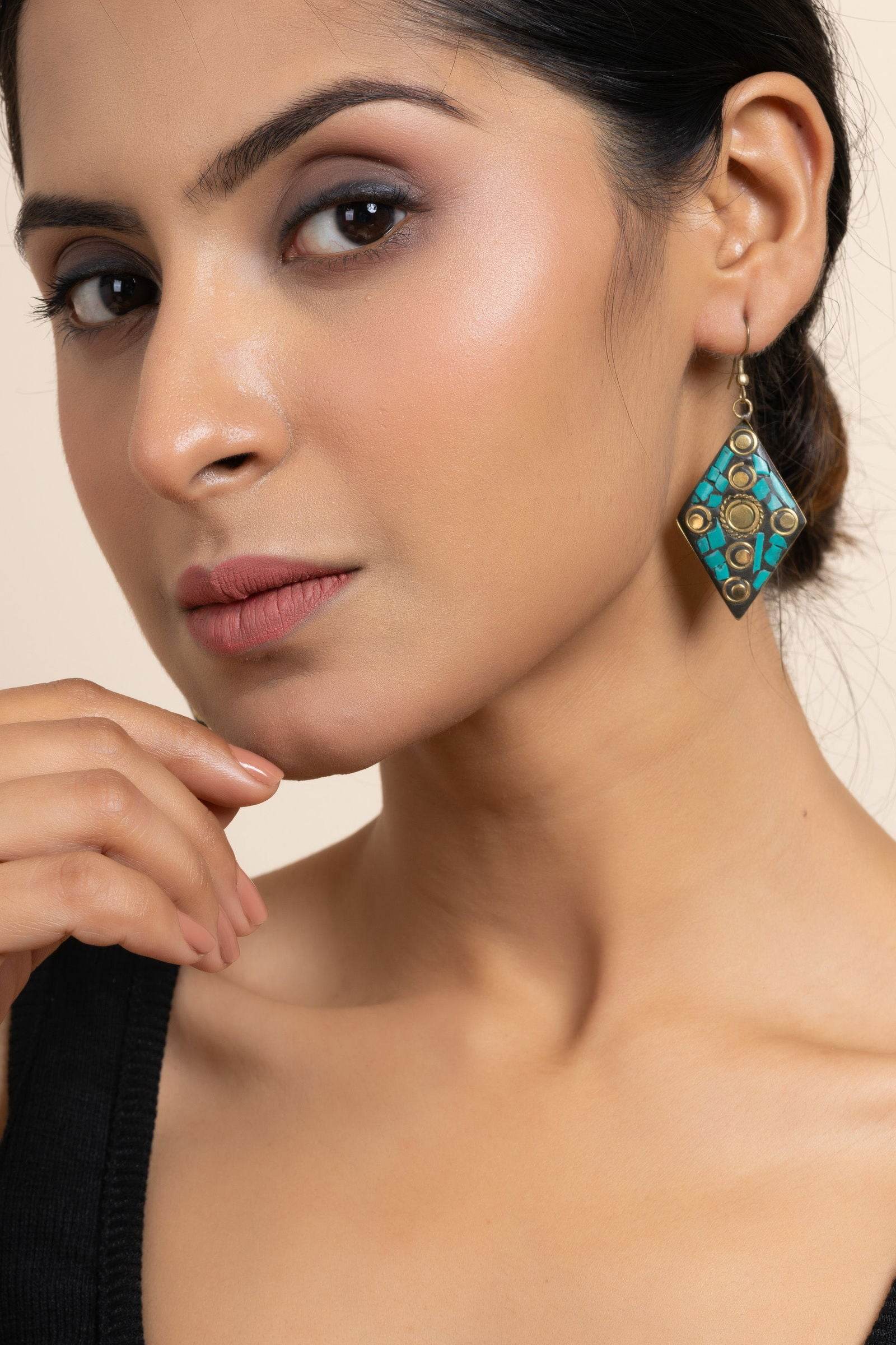Golden Turquoise Black Tibetan Earrings - Luxe Intricate Design Statement Jewelry - Lookandadorn.com