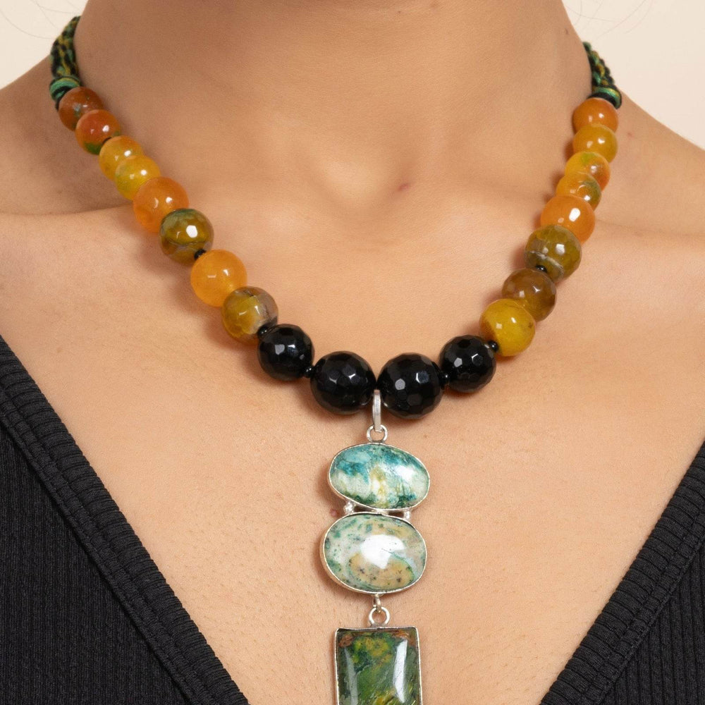 Handmade Green Black Yellow Semi-Precious Agate Onyx Necklace with Matching Earrings Jewelry Set - Lookandadorn.com