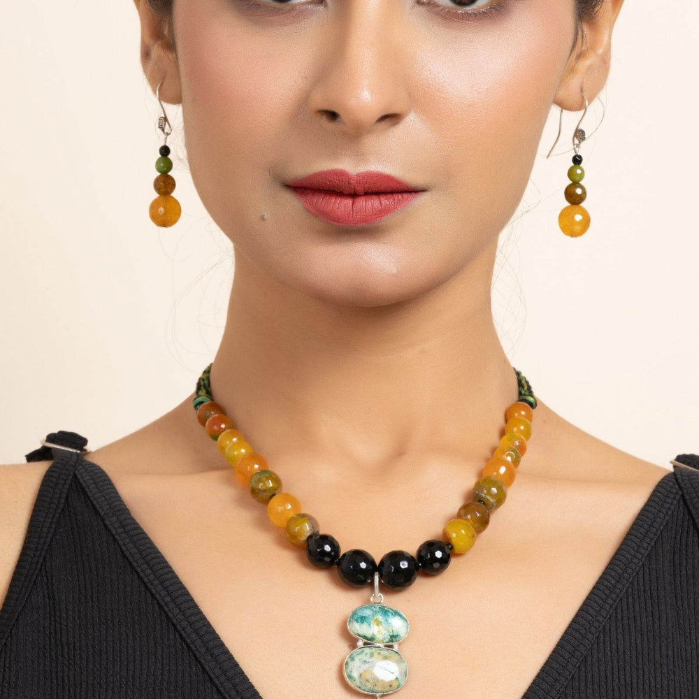Handmade Green Black Yellow Semi-Precious Agate Onyx Necklace with Matching Earrings Jewelry Set - Lookandadorn.com