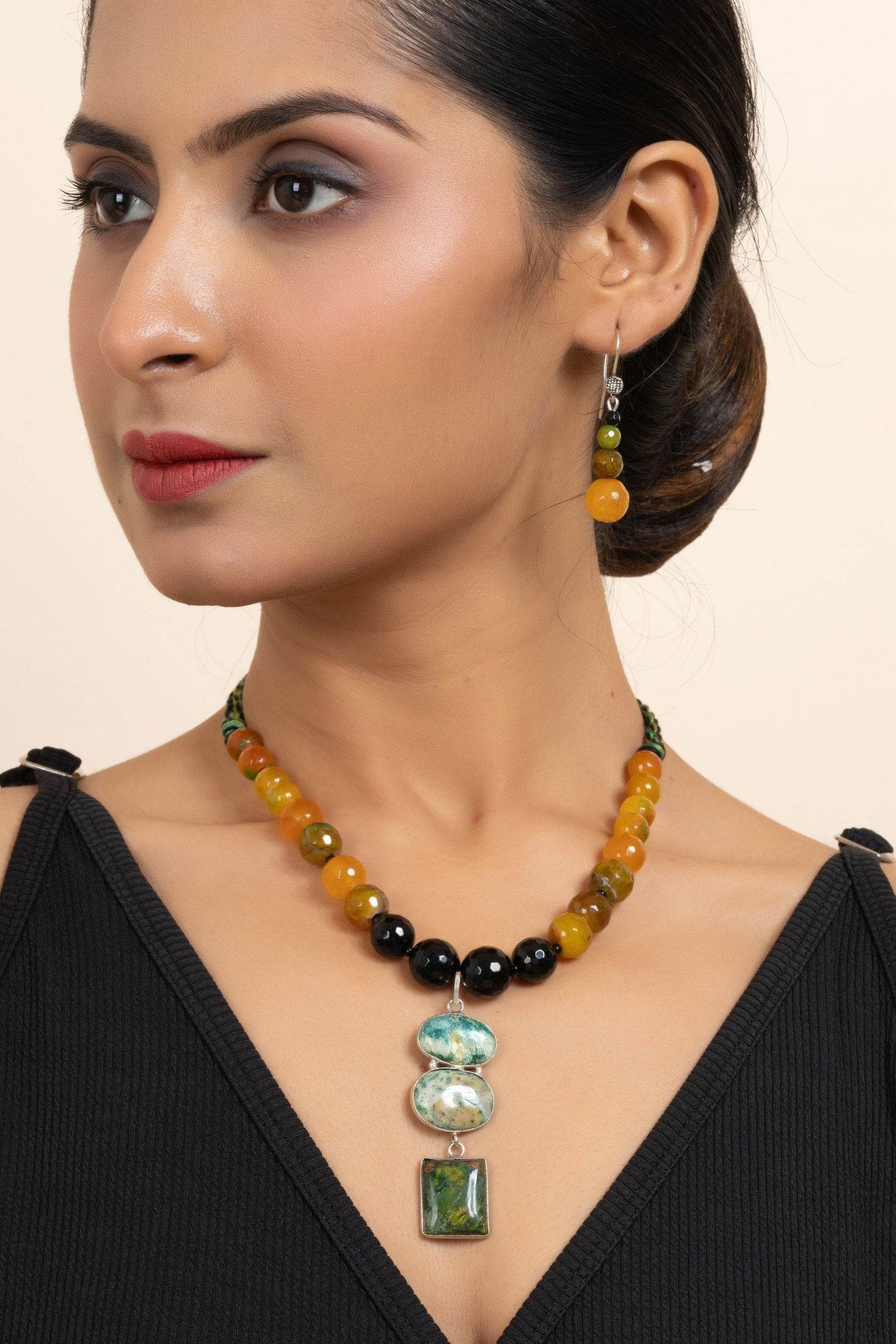 Handmade Green Black Yellow Semi-Precious Agate Onyx Necklace with Matching Earrings Jewelry Set - Lookandadorn.com