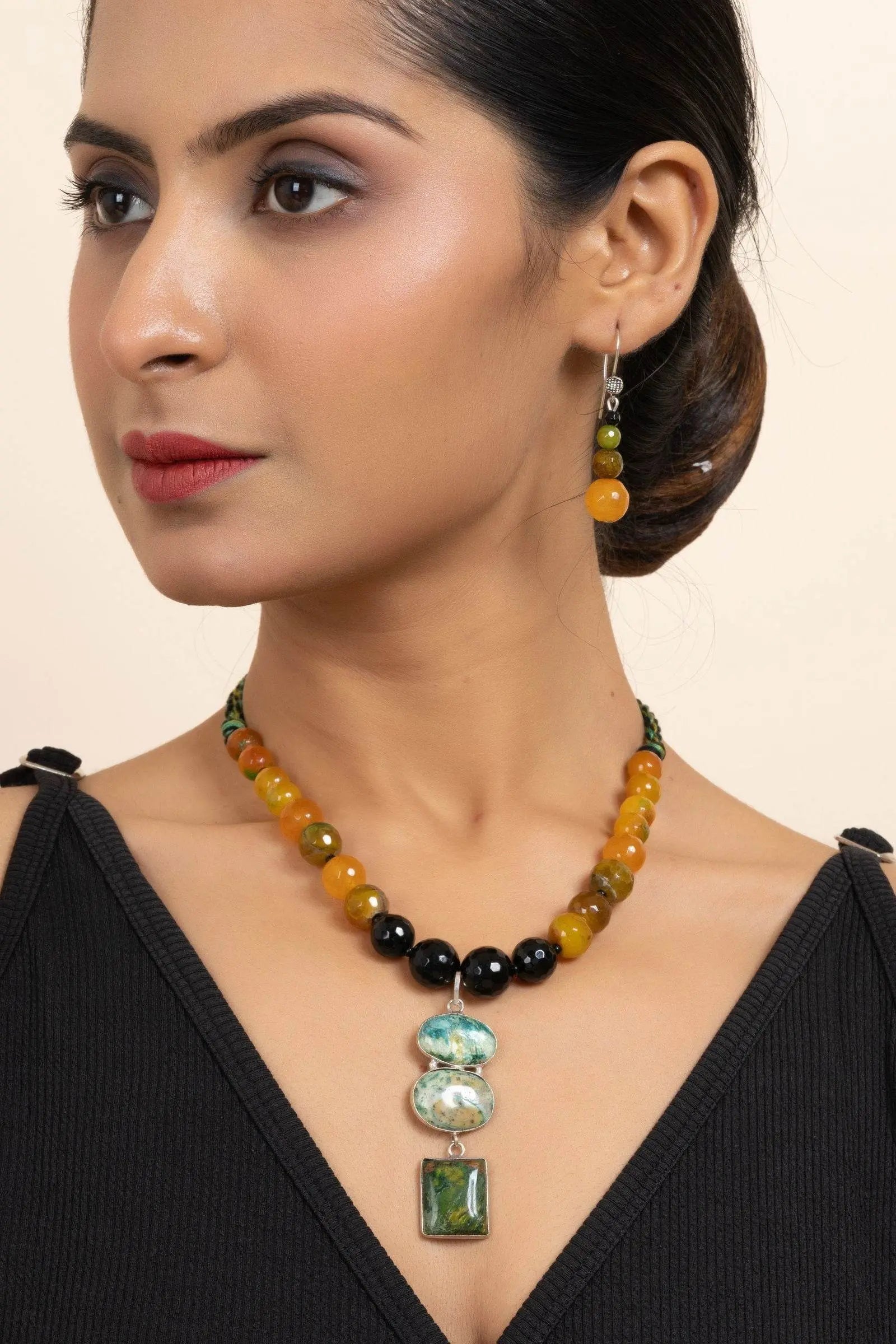 Handmade Green Black Yellow Semi-Precious Agate Onyx Necklace with Matching Earrings Jewelry Set - Lookandadorn.com