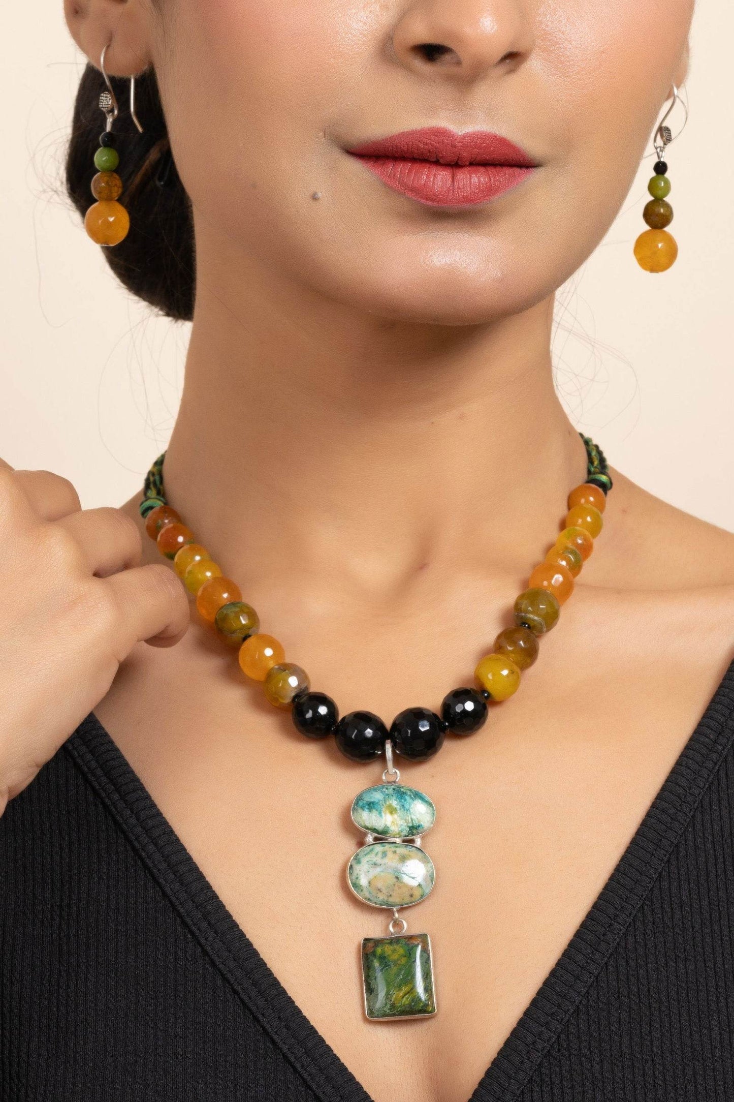 Handmade Green Black Yellow Semi-Precious Agate Onyx Necklace with Matching Earrings Jewelry Set - Lookandadorn.com