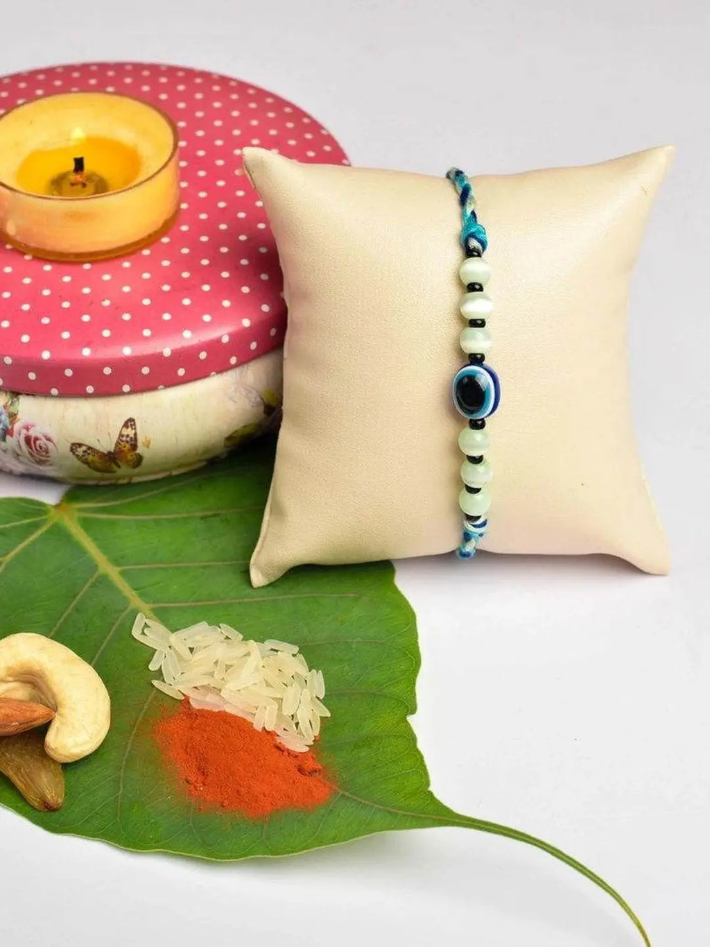 Green Blue Onyx Cat's Eye Evil Eye Rakhi With Roli Chawal for Raksha Bandhan Celebration - Lookandadorn.com