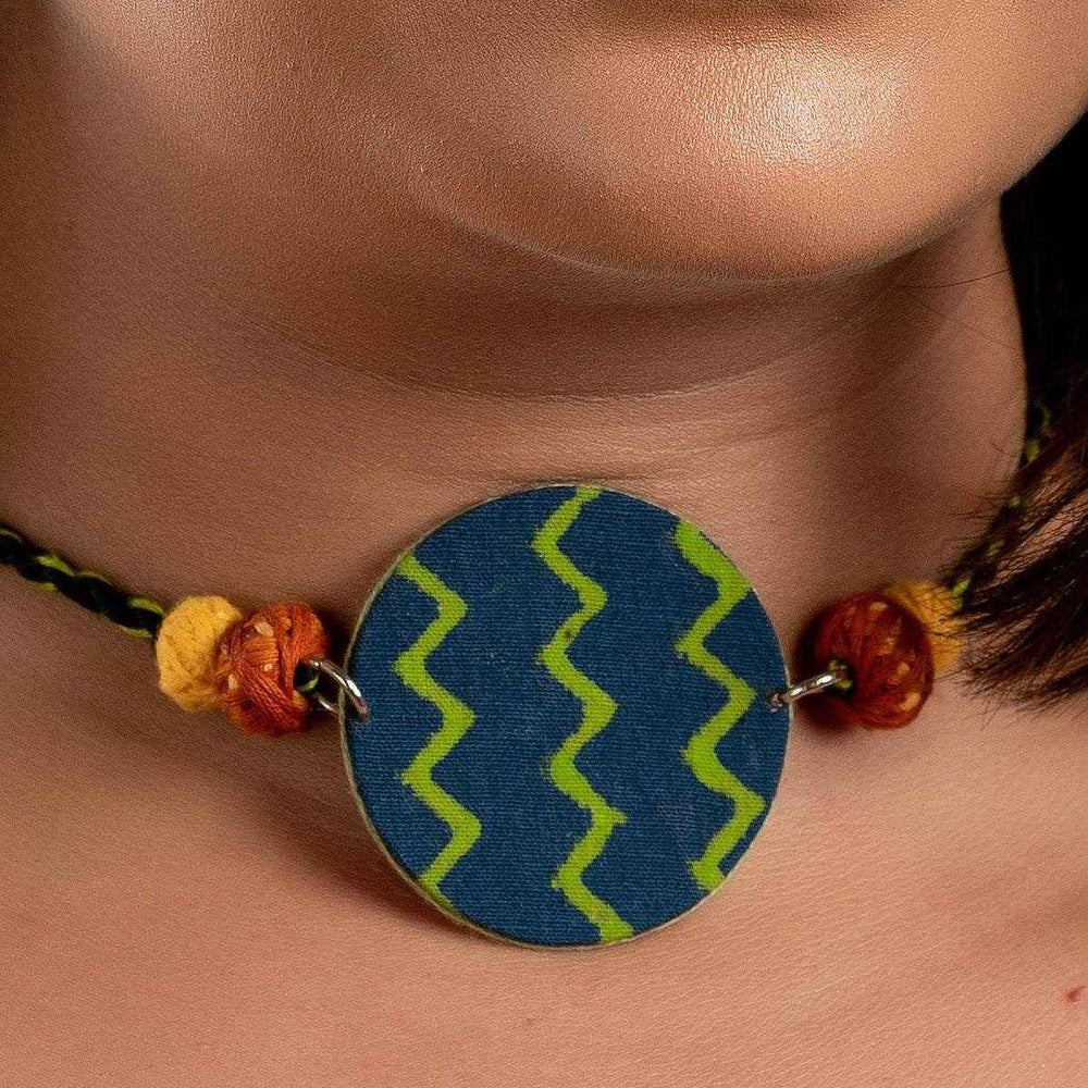 Fabric Handmade Choker with Green Blue Zigzag Design and Thread Balls for Women - Lookandadorn.com