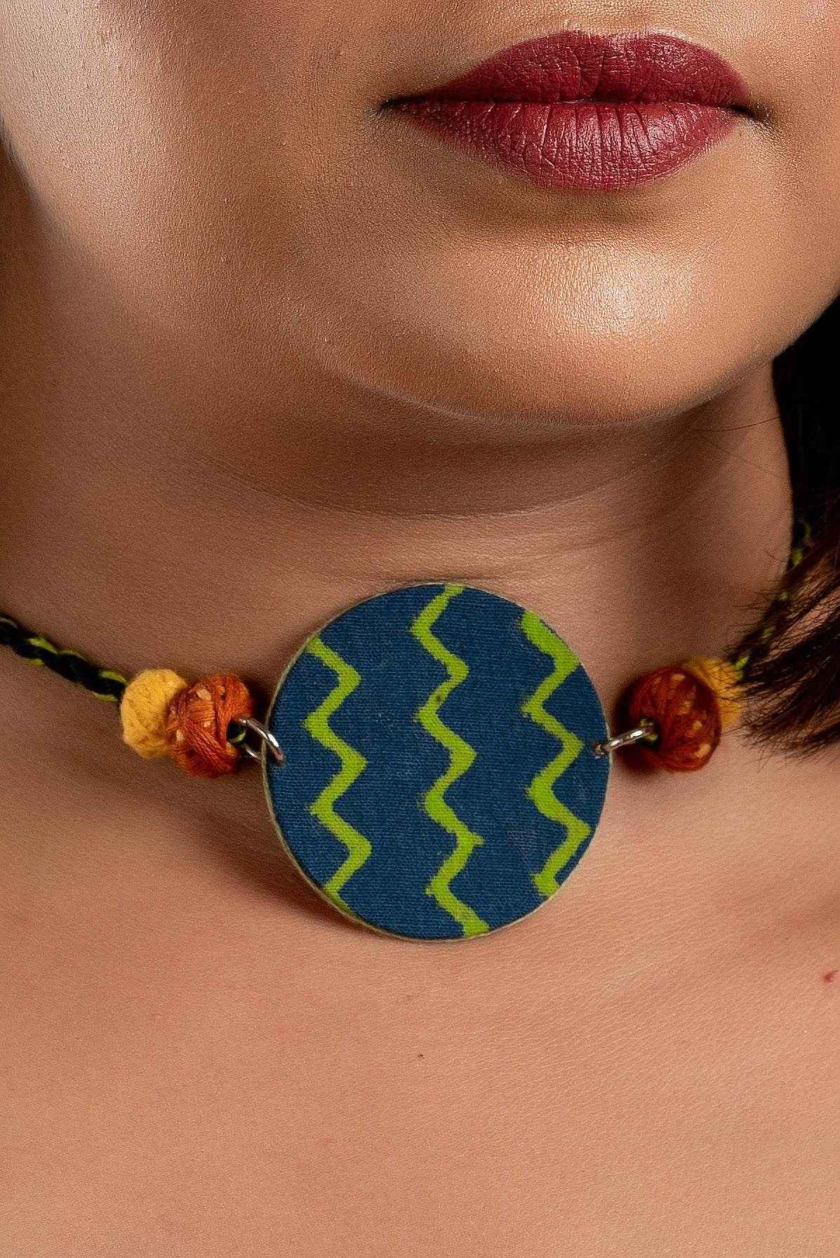 Fabric Handmade Choker with Green Blue Zigzag Design and Thread Balls for Women - Lookandadorn.com