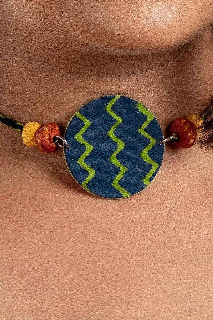 Fabric Handmade Choker with Green Blue Zigzag Design and Thread Balls for Women - Lookandadorn.com