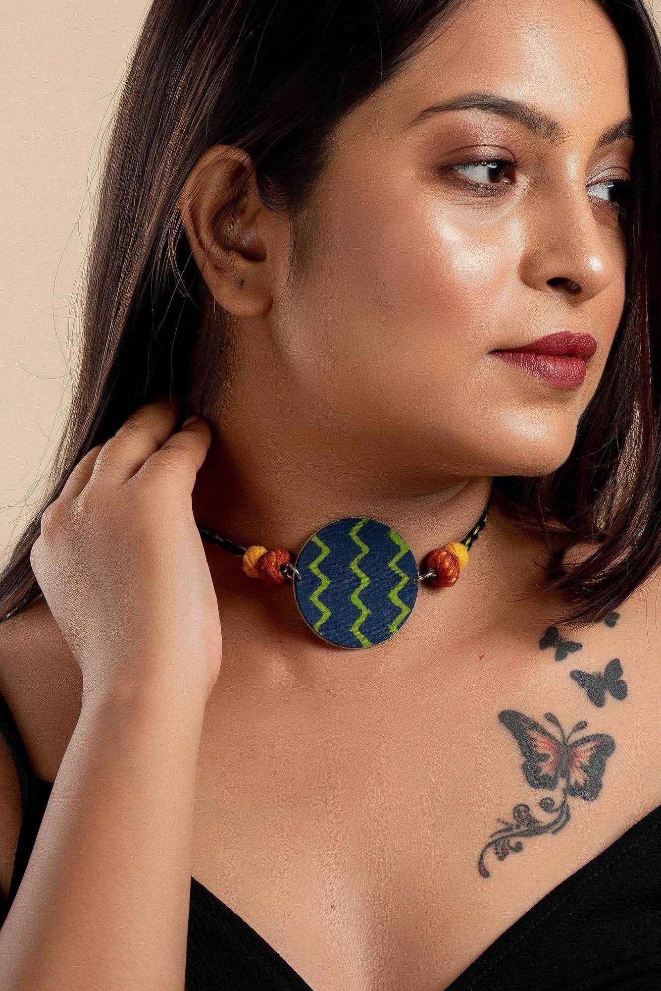 Fabric Handmade Choker with Green Blue Zigzag Design and Thread Balls for Women - Lookandadorn.com