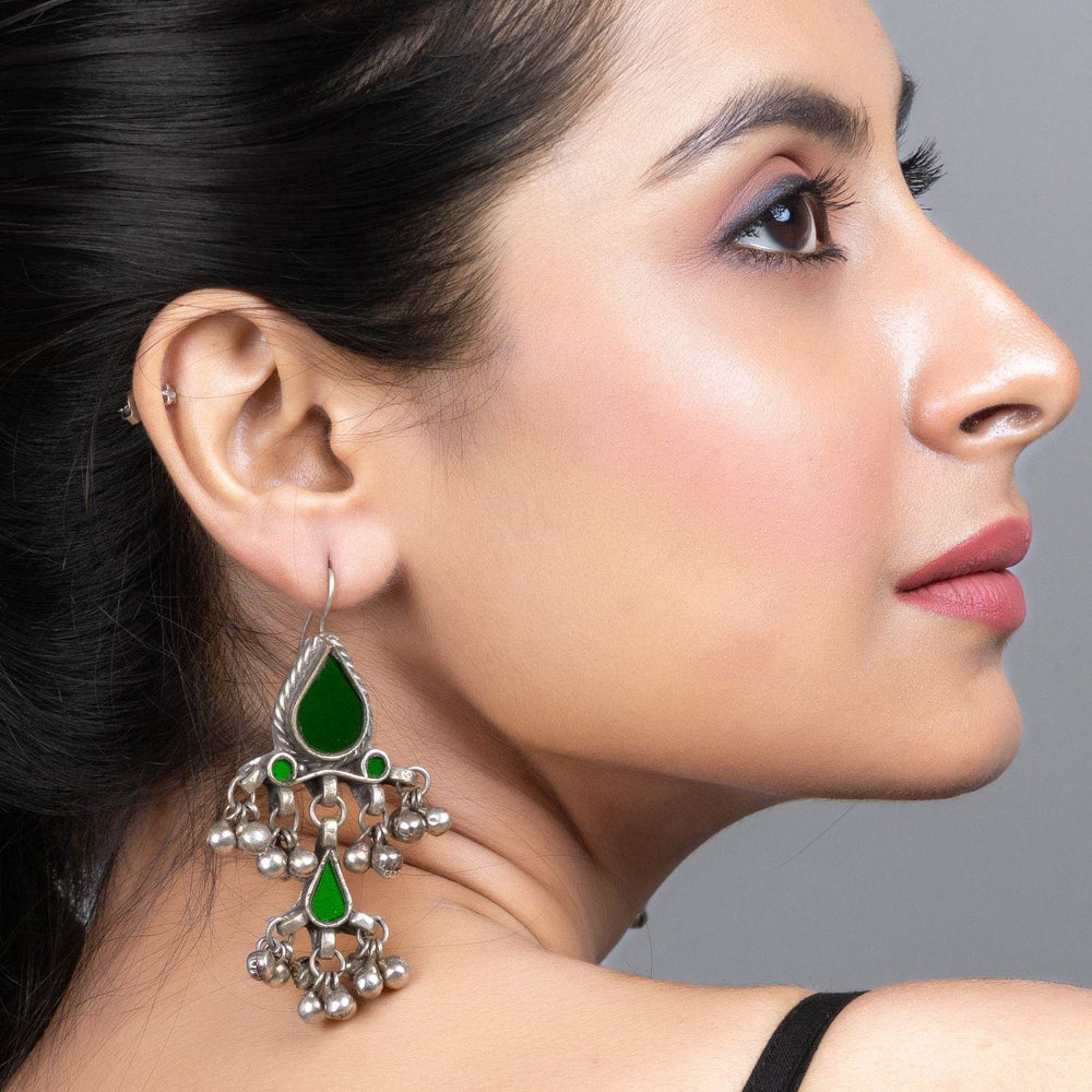 Green Silver Afghan Replica Glass Dangler with Ghungroo Jewelry Earrings - Lookandadorn.com