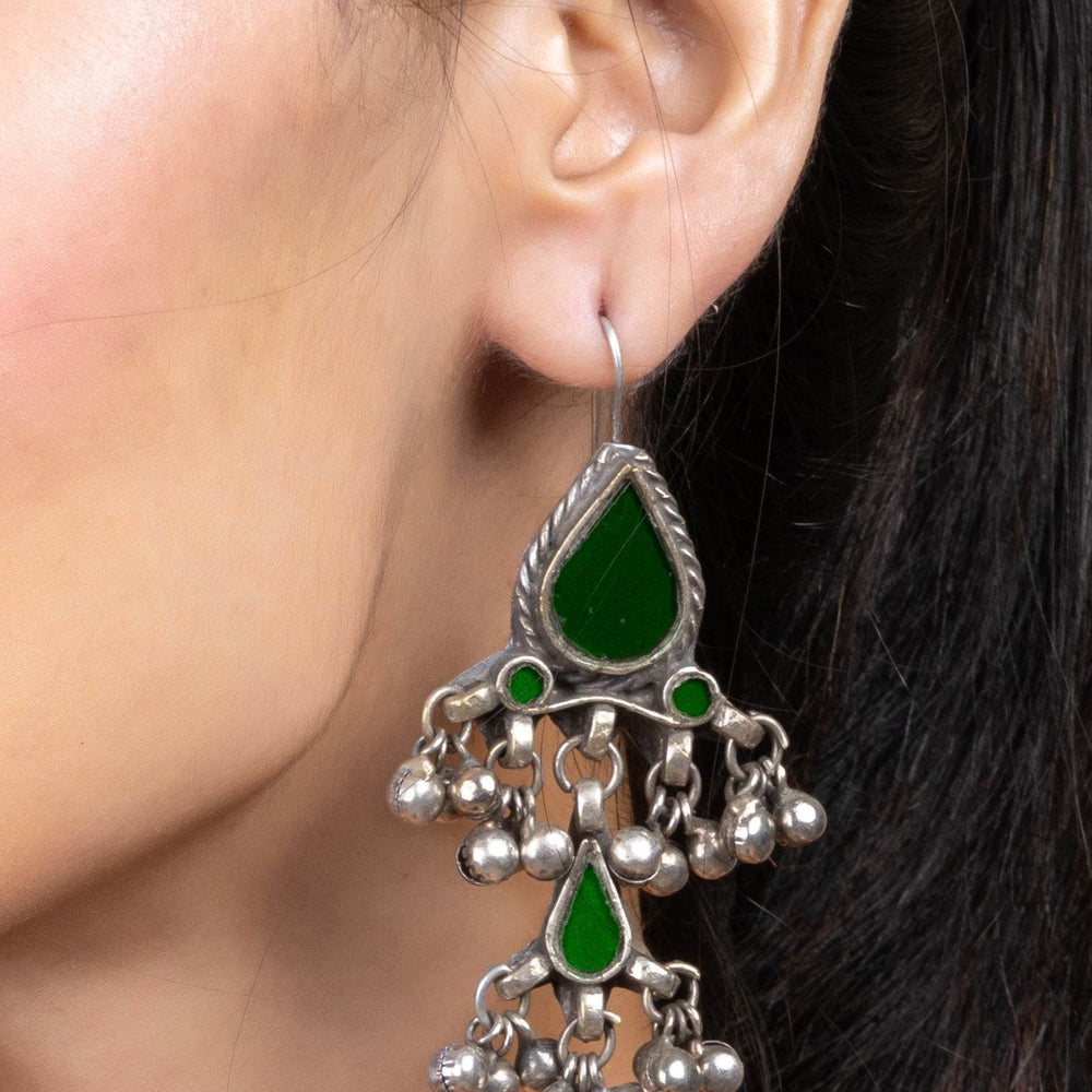 Green Silver Afghan Replica Glass Dangler with Ghungroo Jewelry Earrings - Lookandadorn.com