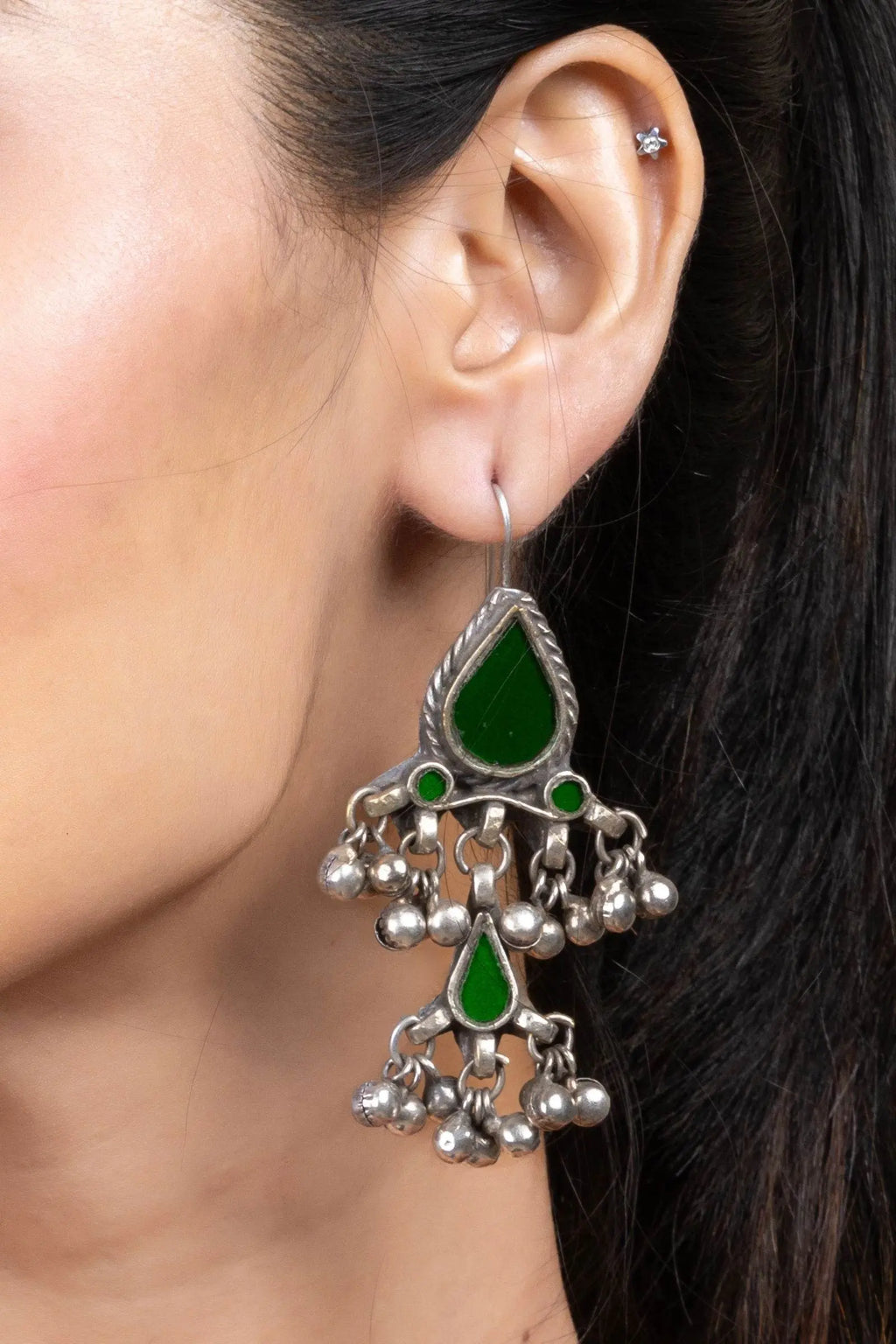 Green Silver Afghan Replica Glass Dangler with Ghungroo Jewelry Earrings - Lookandadorn.com