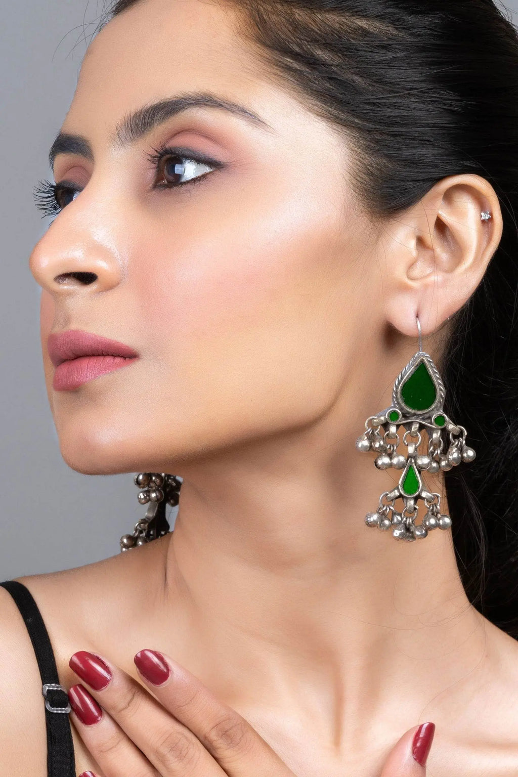 Green Silver Afghan Replica Glass Dangler with Ghungroo Jewelry Earrings - Lookandadorn.com