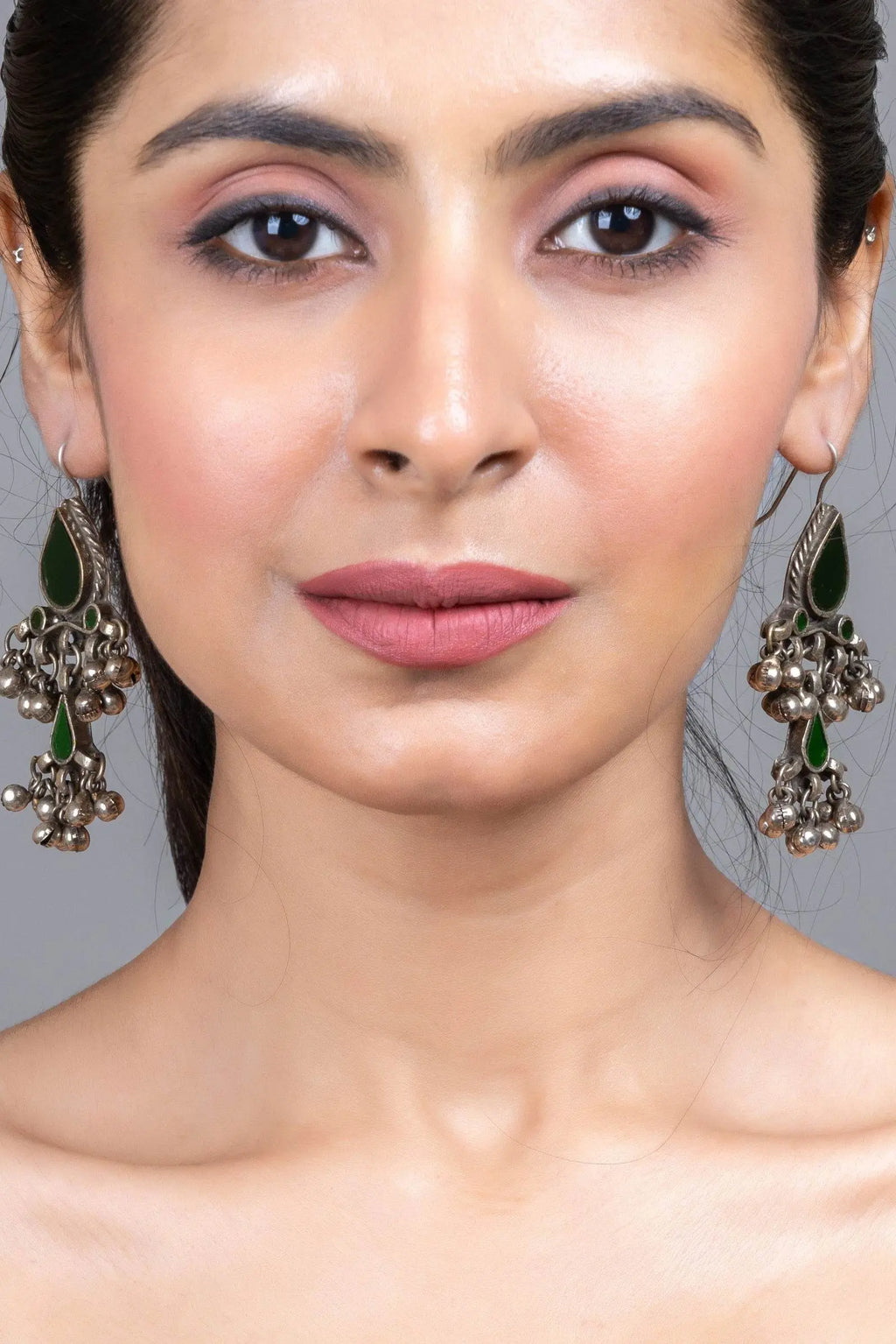 Green Silver Afghan Replica Glass Dangler with Ghungroo Jewelry Earrings - Lookandadorn.com