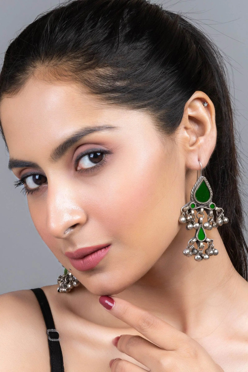 Green Silver Afghan Replica Glass Dangler with Ghungroo Jewelry Earrings - Lookandadorn.com