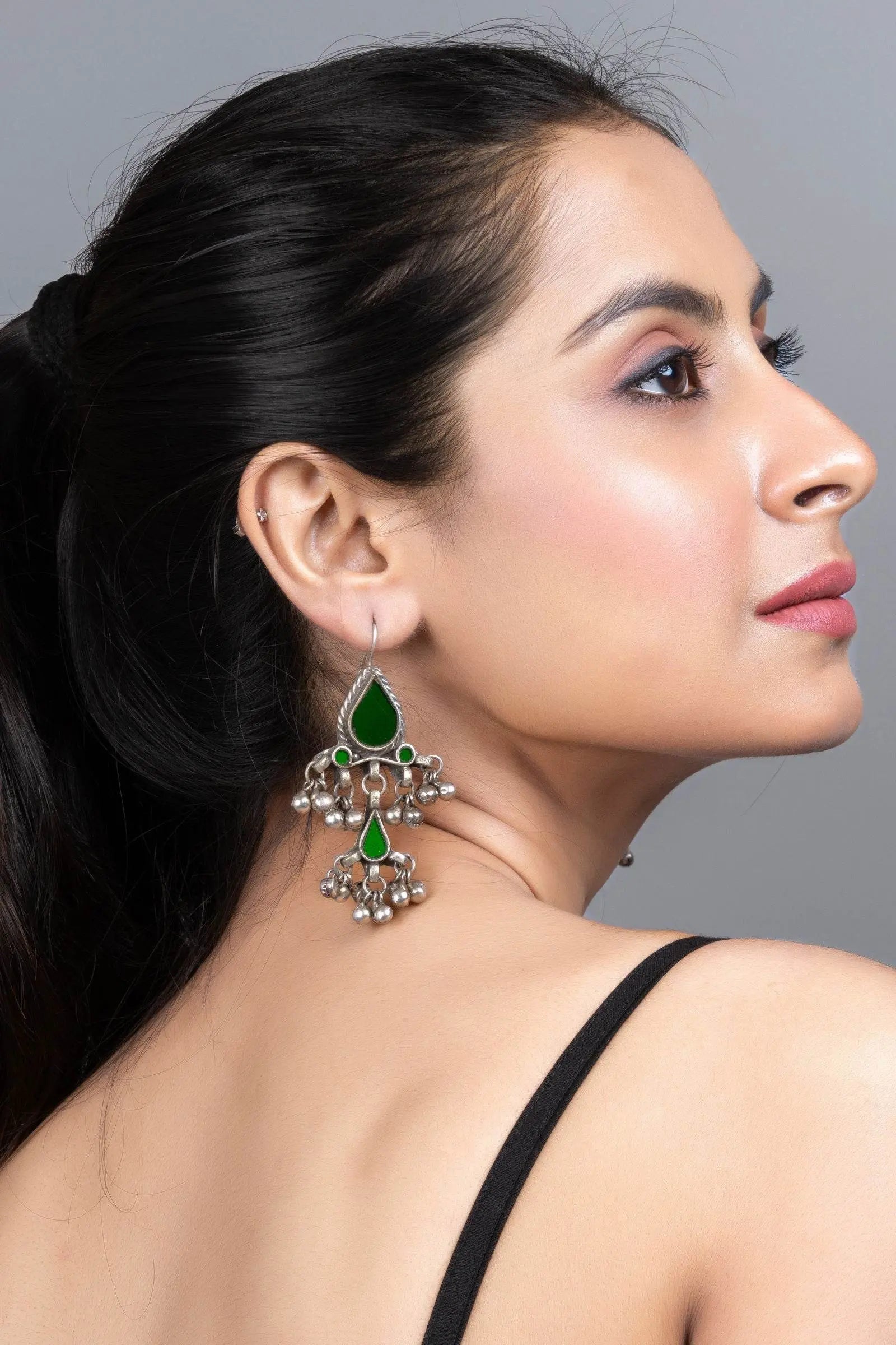 Green Silver Afghan Replica Glass Dangler with Ghungroo Jewelry Earrings - Lookandadorn.com