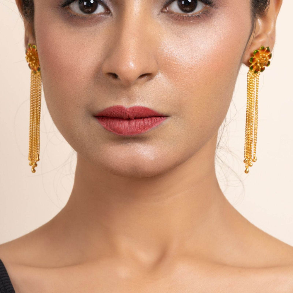 Green and Orange Meena Gold Plated Flower Stud Earrings with Chains - Copper Jewelry - Lookandadorn.com