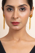 Green and Orange Meena Gold Plated Flower Stud Earrings with Chains - Copper Jewelry - Lookandadorn.com