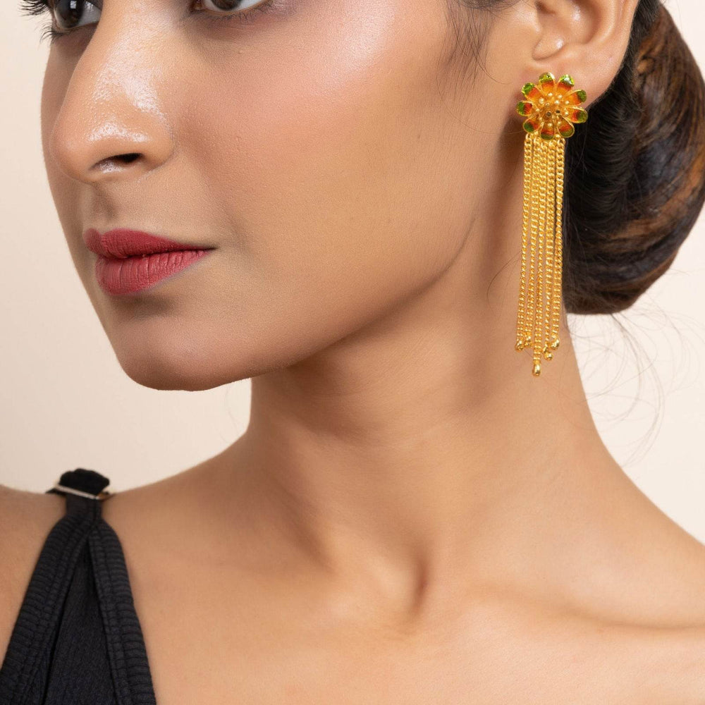 Green and Orange Meena Gold Plated Flower Stud Earrings with Chains - Copper Jewelry - Lookandadorn.com