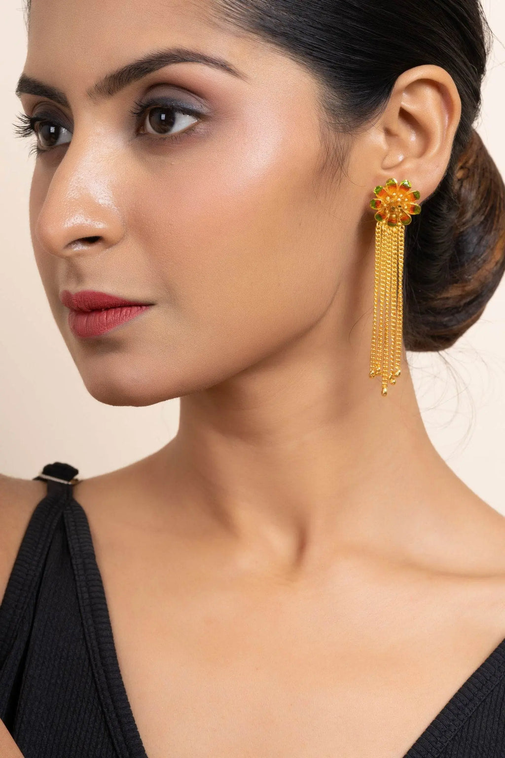 Green and Orange Meena Gold Plated Flower Stud Earrings with Chains - Copper Jewelry - Lookandadorn.com