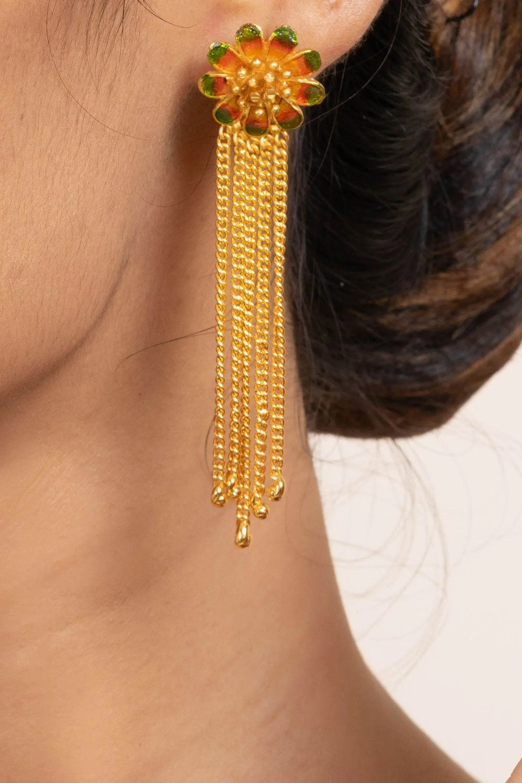 Green and Orange Meena Gold Plated Flower Stud Earrings with Chains - Copper Jewelry - Lookandadorn.com