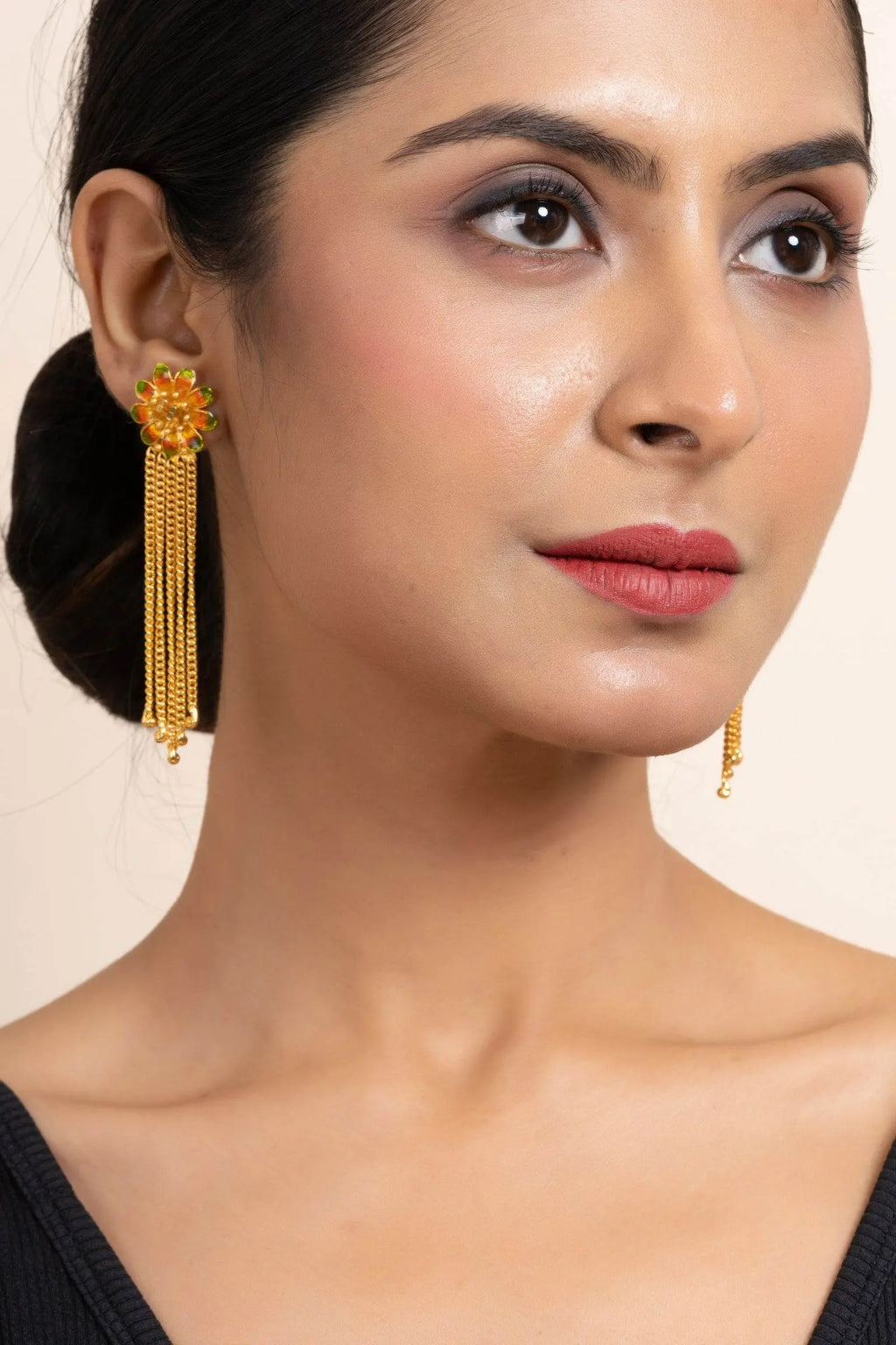 Green and Orange Meena Gold Plated Flower Stud Earrings with Chains - Copper Jewelry - Lookandadorn.com