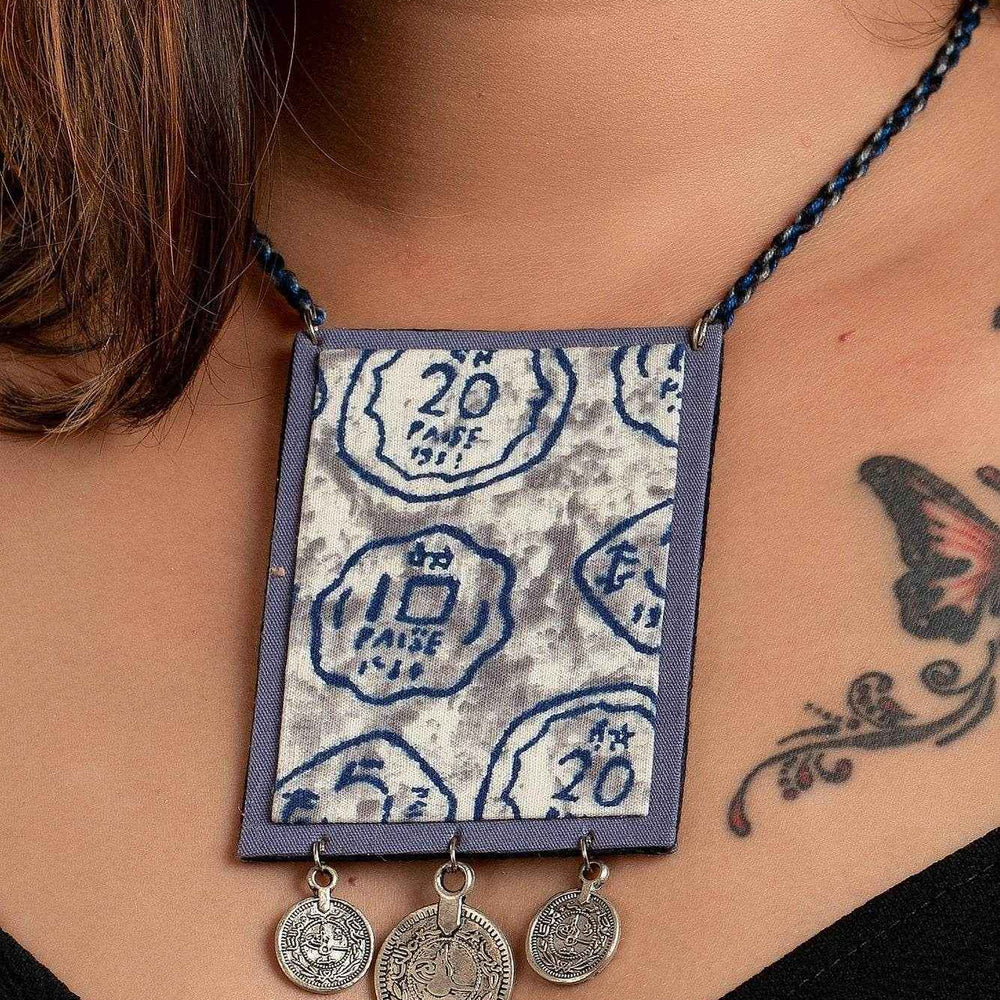 Grey Fabric Handmade Jewelry Neckpiece with German Silver Coin - Adjustable Dori - Lookandadorn.com