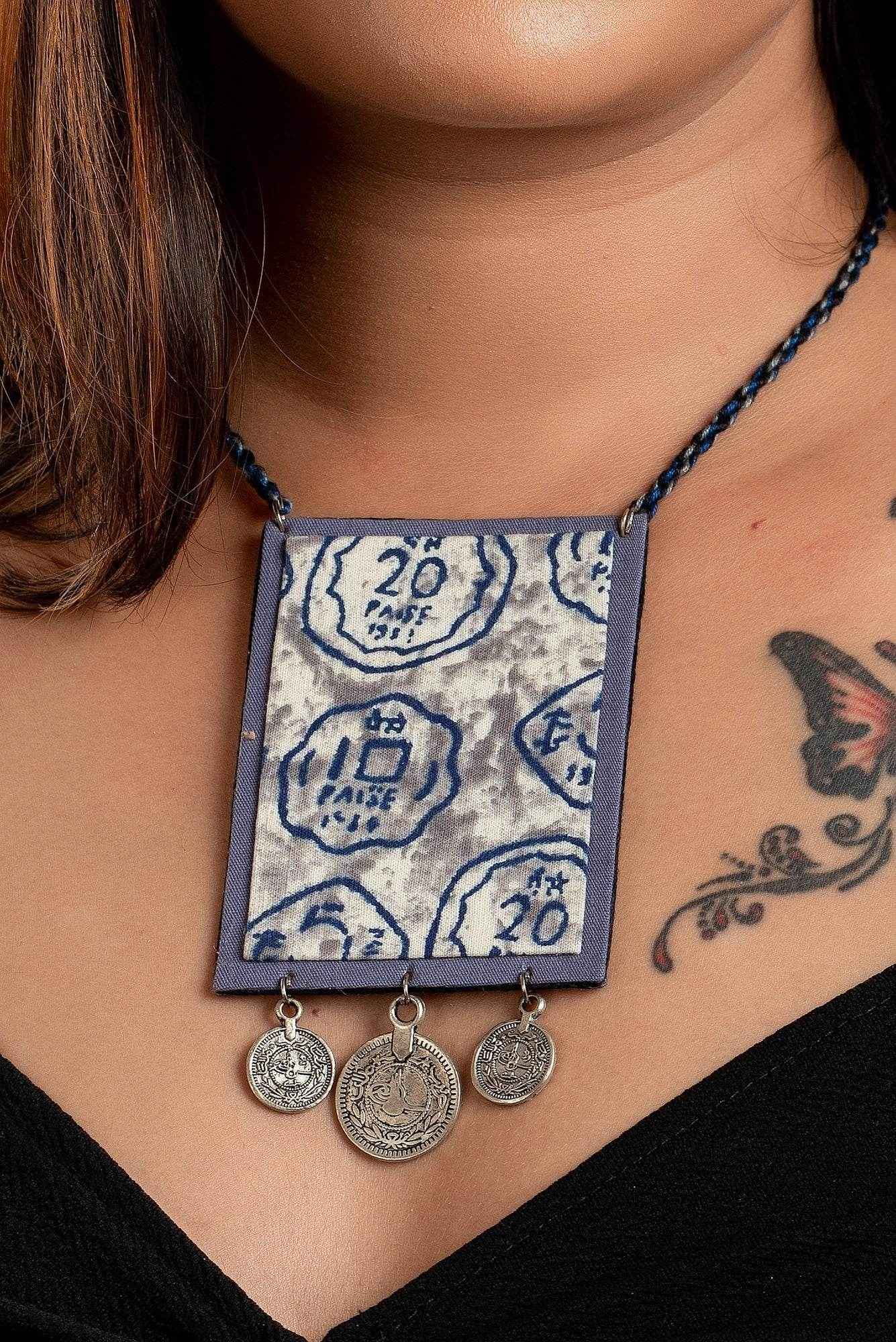 Grey Fabric Handmade Jewelry Neckpiece with German Silver Coin - Adjustable Dori - Lookandadorn.com