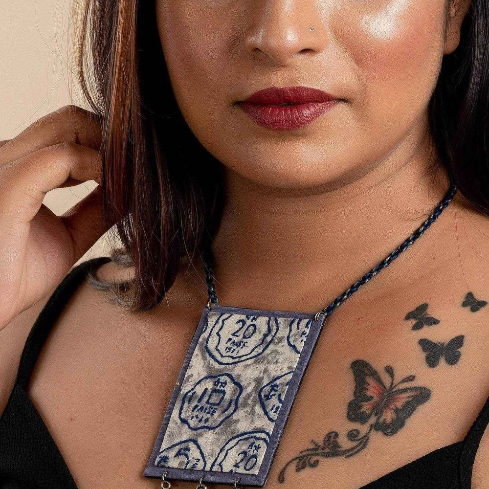 Grey Fabric Handmade Jewelry Neckpiece with German Silver Coin - Adjustable Dori - Lookandadorn.com