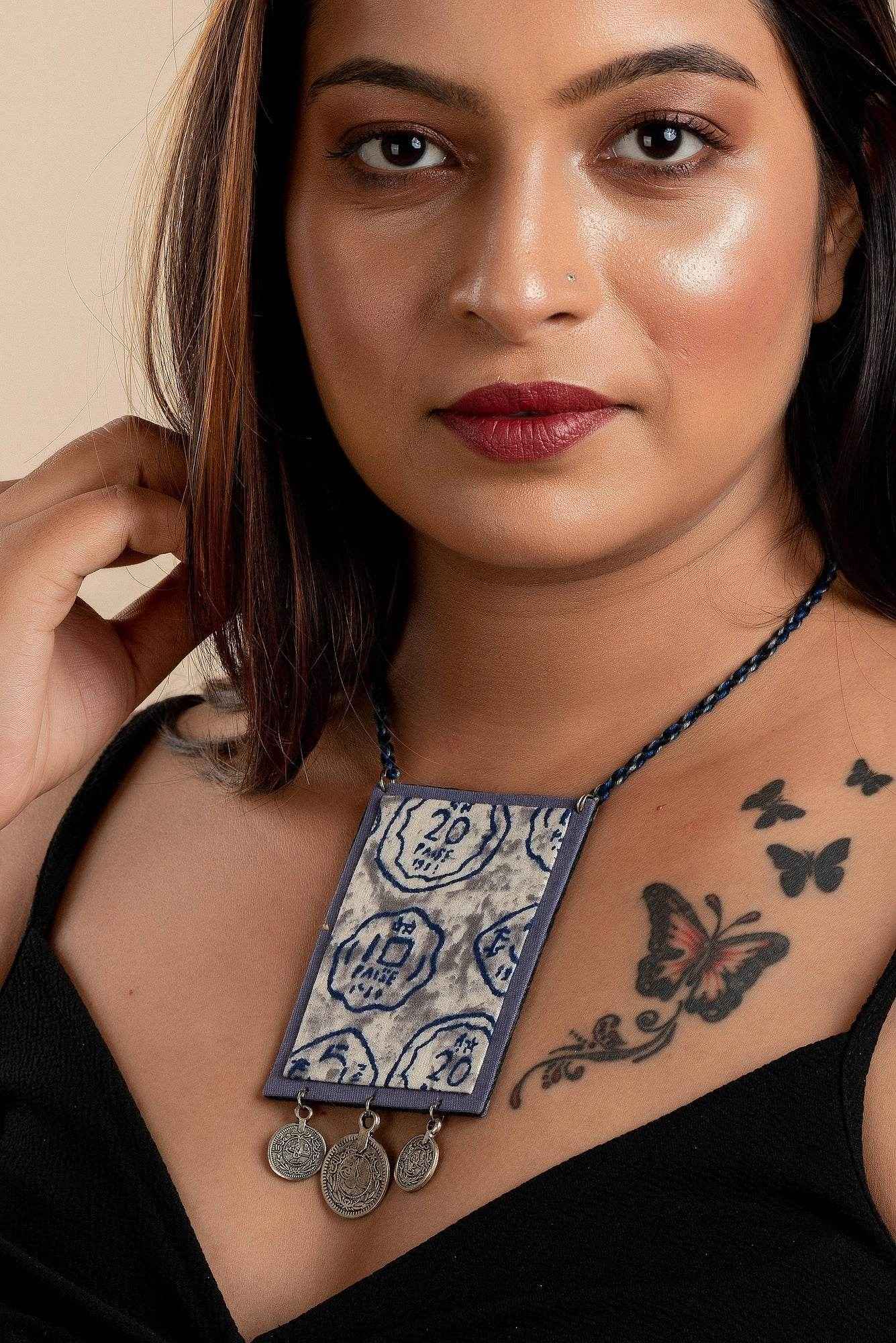 Grey Fabric Handmade Jewelry Neckpiece with German Silver Coin - Adjustable Dori - Lookandadorn.com