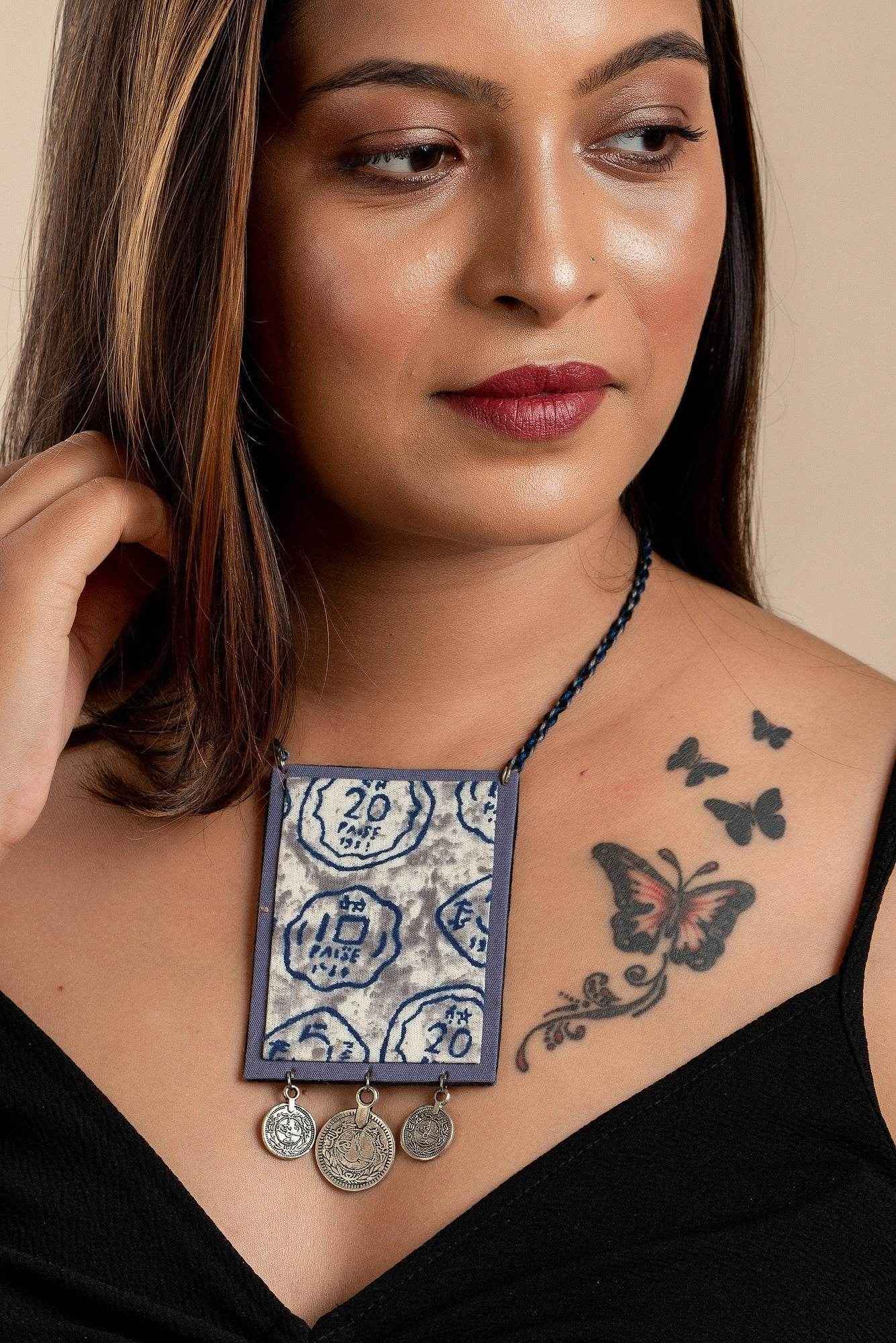 Grey Fabric Handmade Jewelry Neckpiece with German Silver Coin - Adjustable Dori - Lookandadorn.com