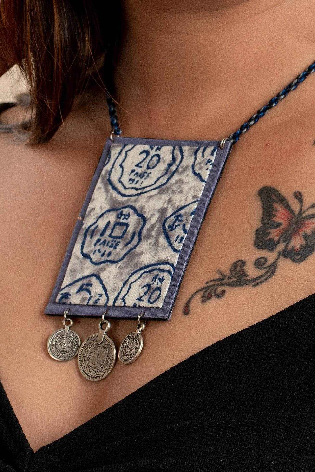 Grey Fabric Handmade Jewelry Neckpiece with German Silver Coin - Adjustable Dori - Lookandadorn.com