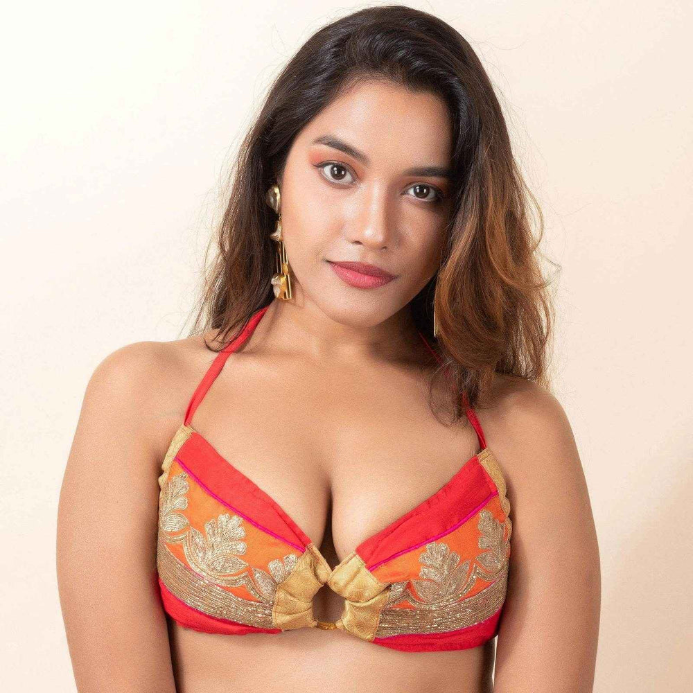 Designer Hand Embroidered Zardousi Work Fabric Backless Halter Neck Bikini Top Blouse - Non Padded - Lookandadorn.com