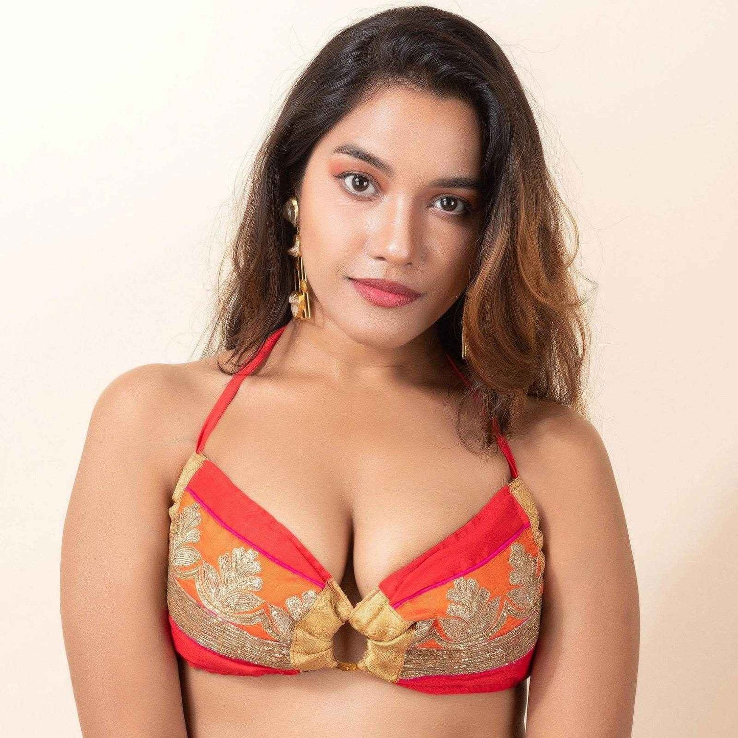 Designer Hand Embroidered Zardousi Work Fabric Backless Halter Neck Bikini Top Blouse - Non Padded - Lookandadorn.com