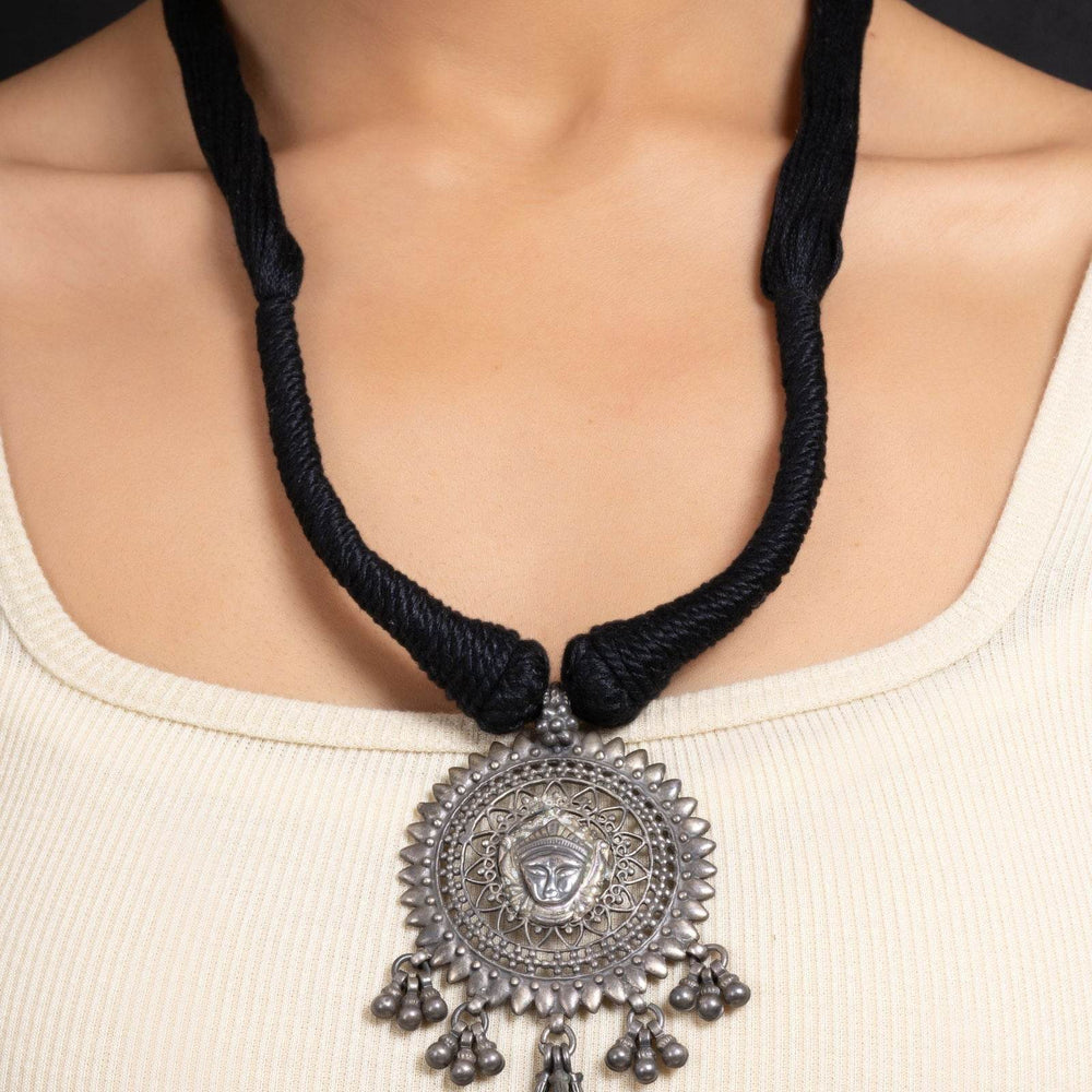 Handcrafted 925 Pure Silver Devi Durga Pendant Necklace with Adjustable Black Dori - Elegant Jewelry - Lookandadorn.com