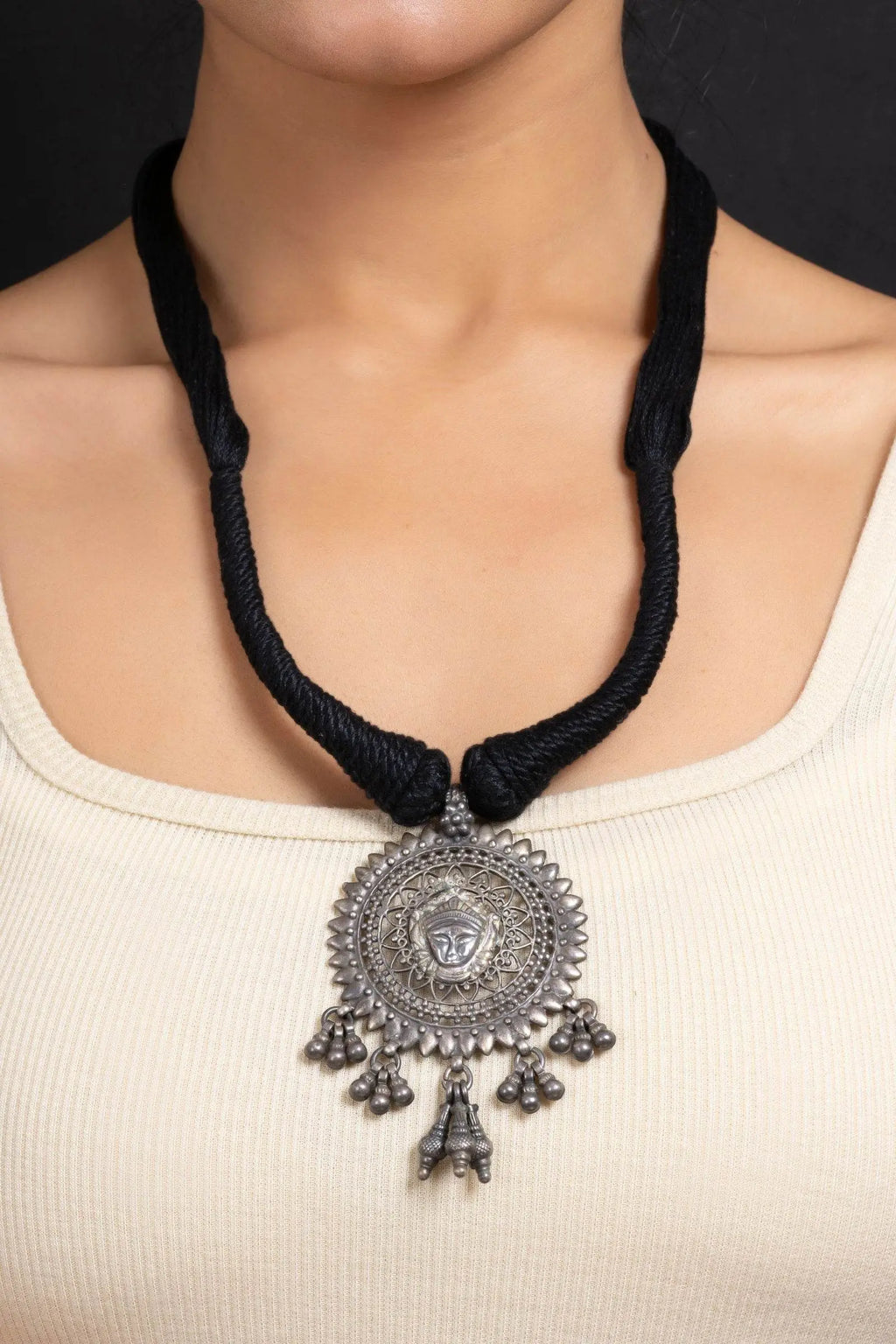 Handcrafted 925 Pure Silver Devi Durga Pendant Necklace with Adjustable Black Dori - Elegant Jewelry - Lookandadorn.com