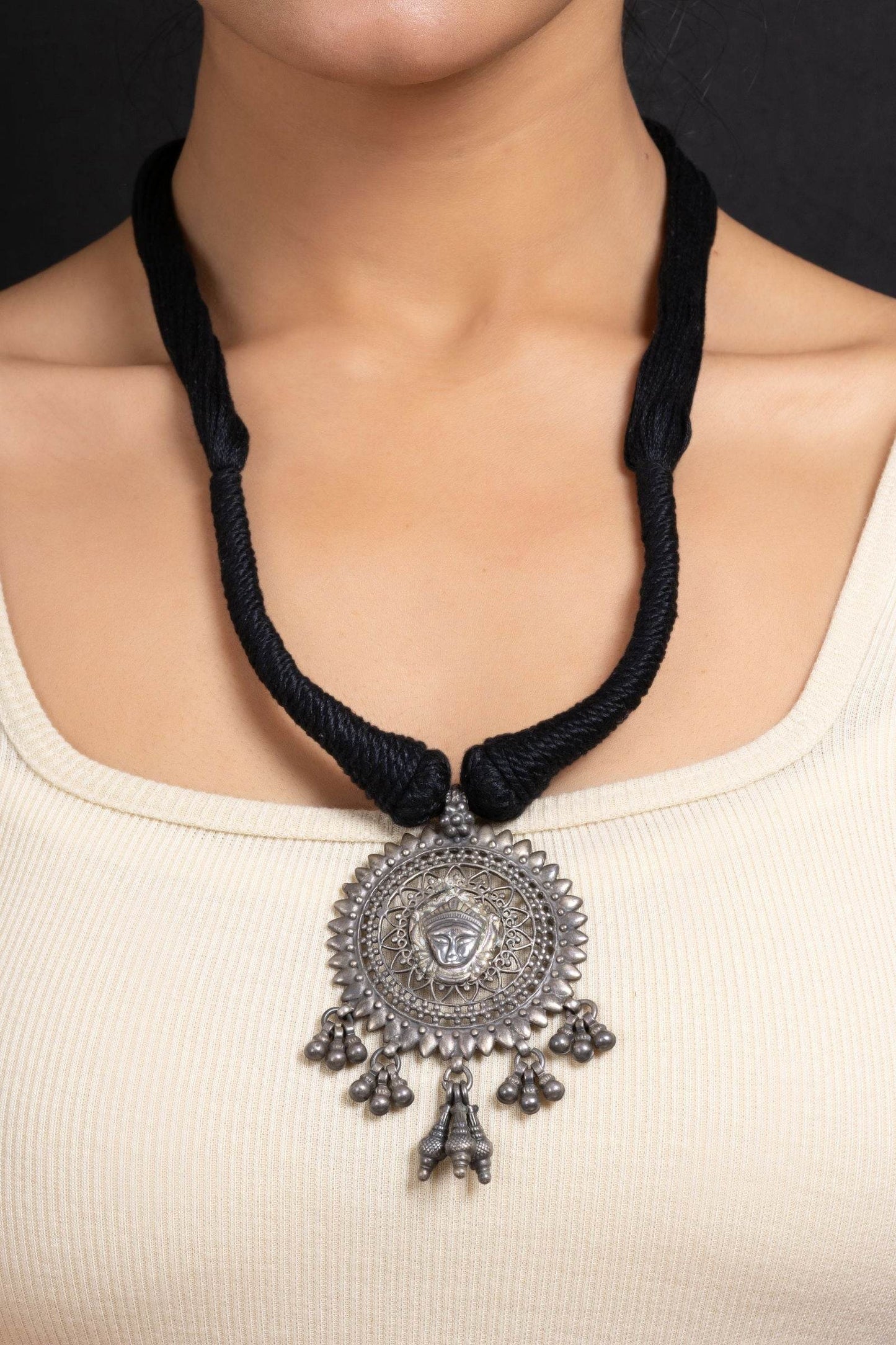 Handcrafted 925 Pure Silver Devi Durga Pendant Necklace with Adjustable Black Dori - Elegant Jewelry - Lookandadorn.com