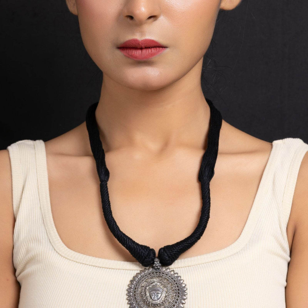 Handcrafted 925 Pure Silver Devi Durga Pendant Necklace with Adjustable Black Dori - Elegant Jewelry - Lookandadorn.com