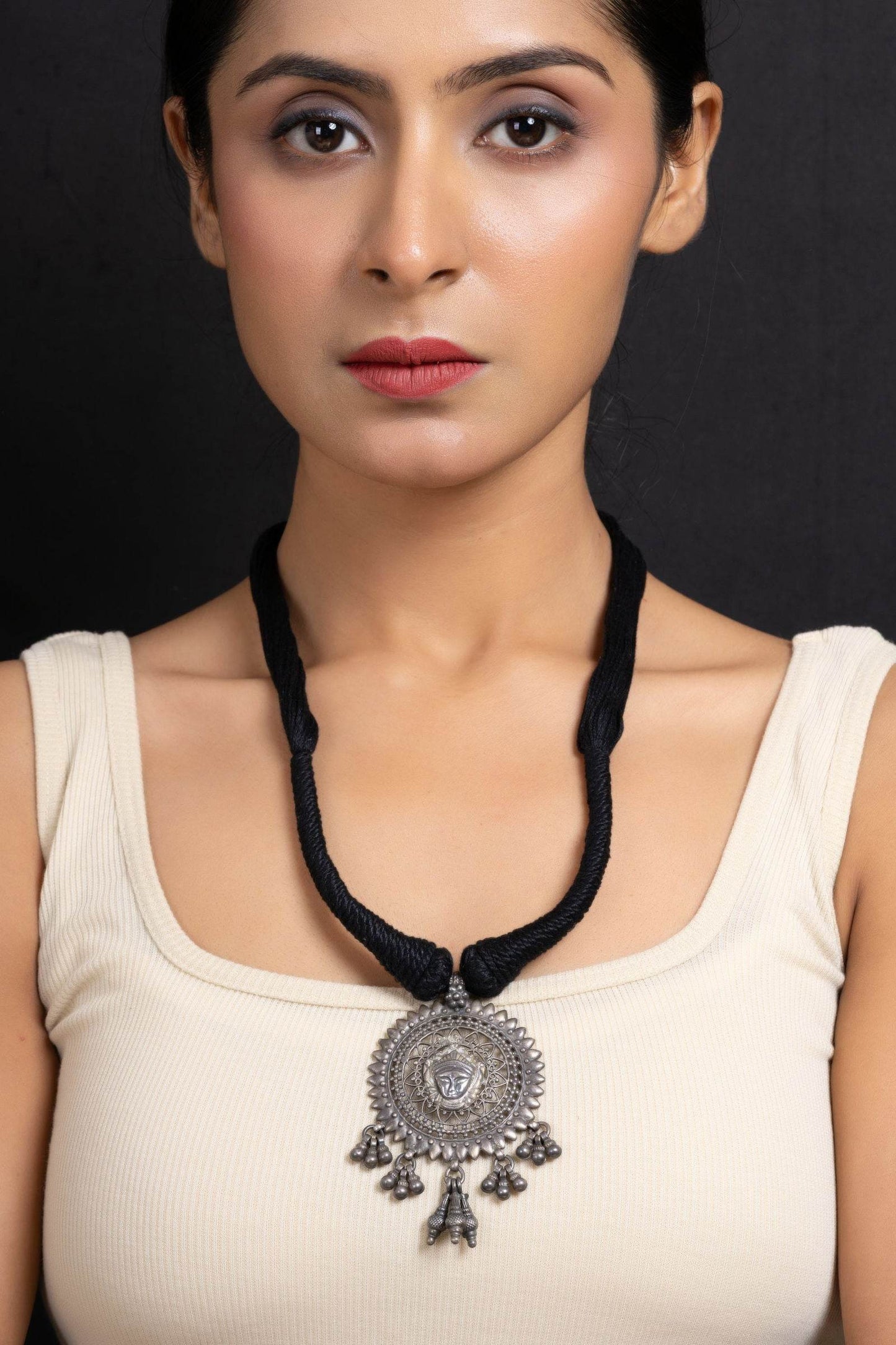 Handcrafted 925 Pure Silver Devi Durga Pendant Necklace with Adjustable Black Dori - Elegant Jewelry - Lookandadorn.com
