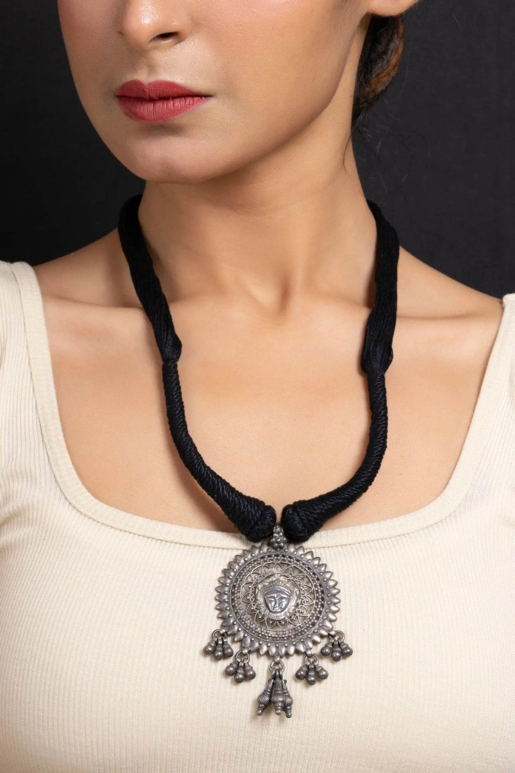 Handcrafted 925 Pure Silver Devi Durga Pendant Necklace with Adjustable Black Dori - Elegant Jewelry - Lookandadorn.com