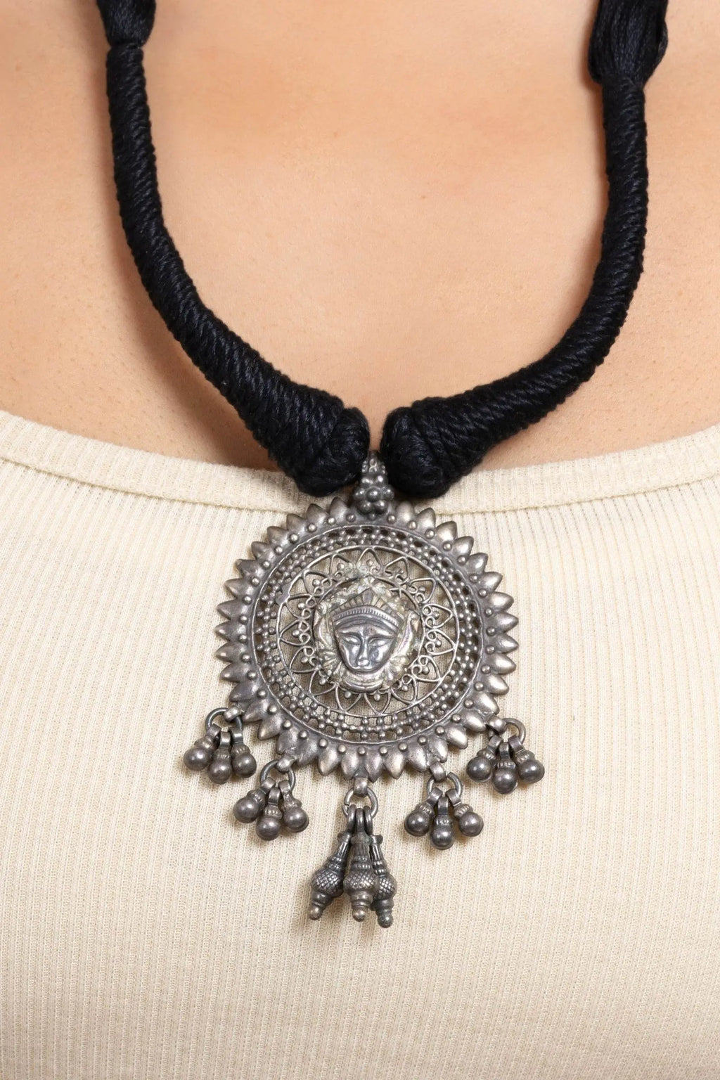 Handcrafted 925 Pure Silver Devi Durga Pendant Necklace with Adjustable Black Dori - Elegant Jewelry - Lookandadorn.com